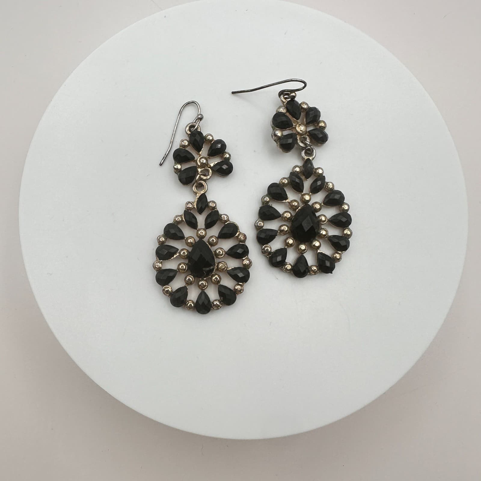 Vintage Gold Tone Black Rhinestone Chandelier Earrings Teardrop Dangle Statement - Thumbnail 3
