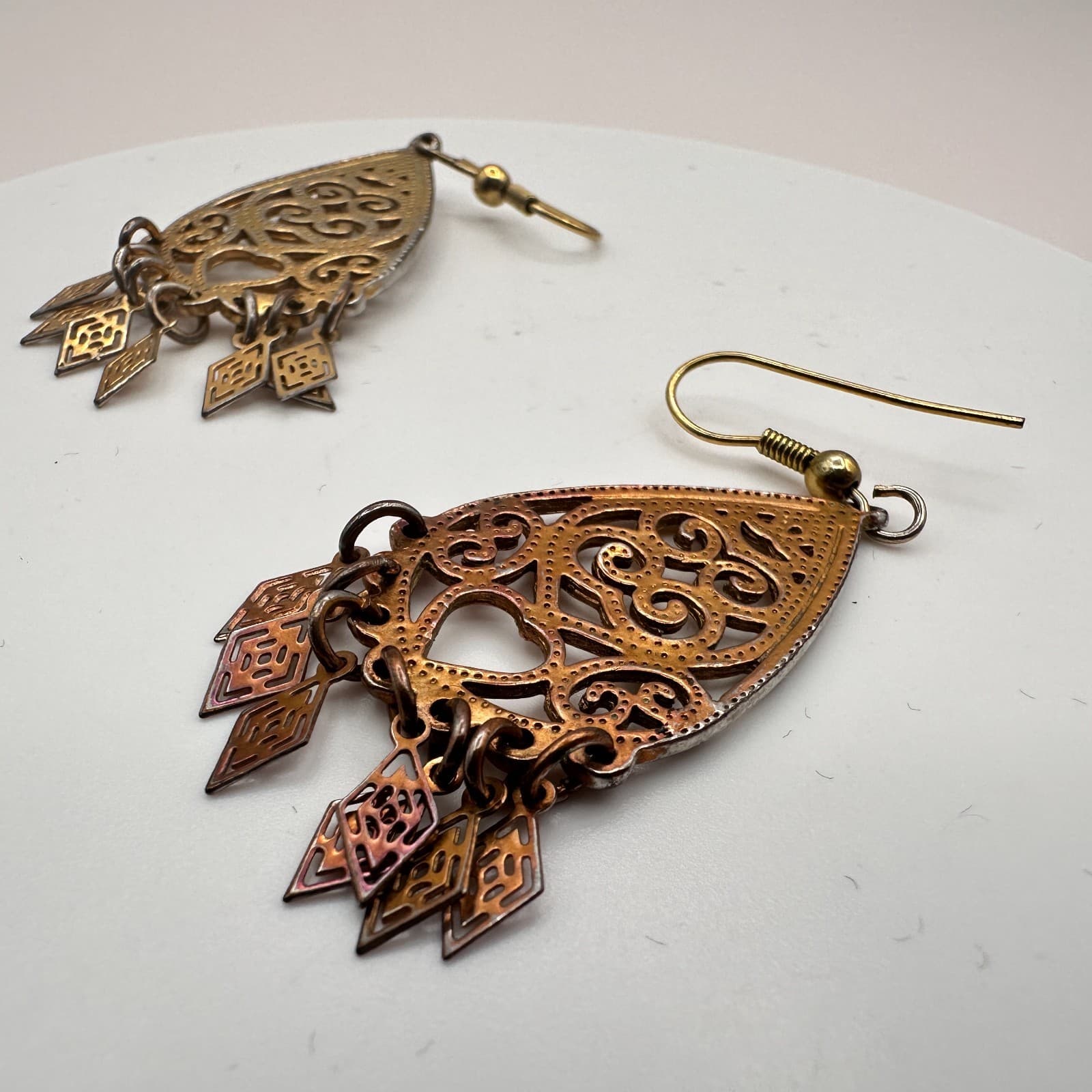 Vintage Y2K Gold Tone Filigree Teardrop Dangle Earrings Boho Women's Jewelry 90s - Thumbnail 4