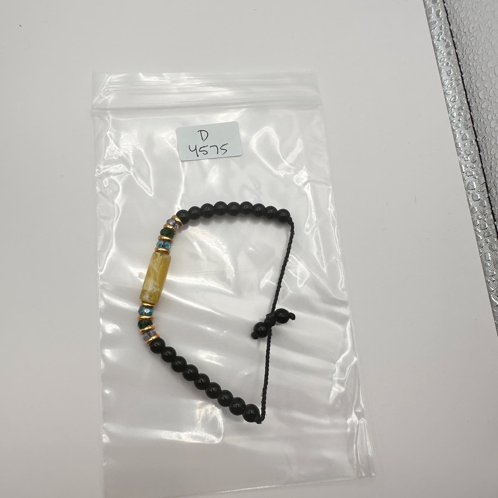 Vintage Gold Tone Black Beaded Adjustable Bracelet Yellow Amber Tone Tube Boho - Thumbnail 7