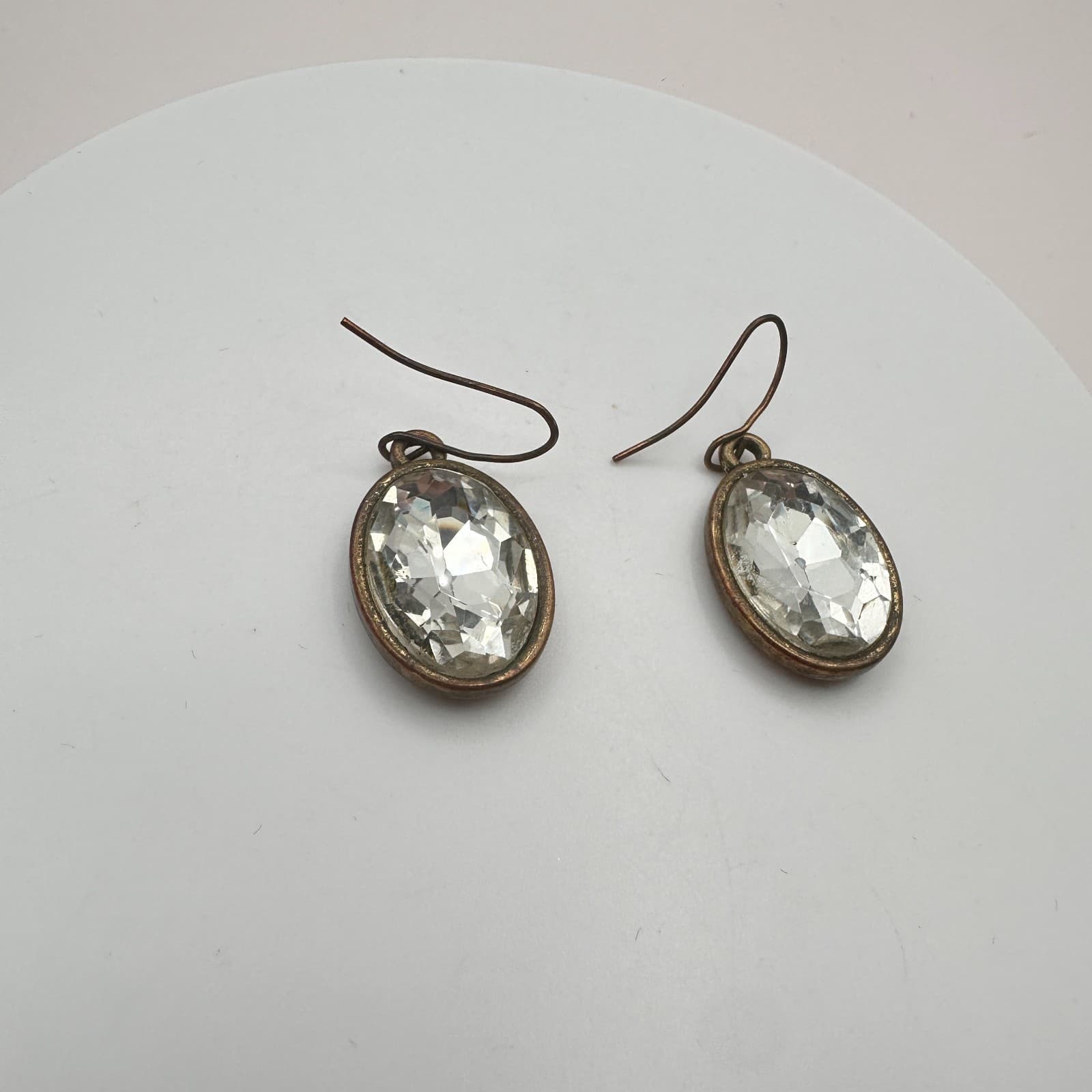 Vintage 90s Bronze Tone Clear Oval Glass Drop Dangle Earrings Fashion Jewelry - Thumbnail 7