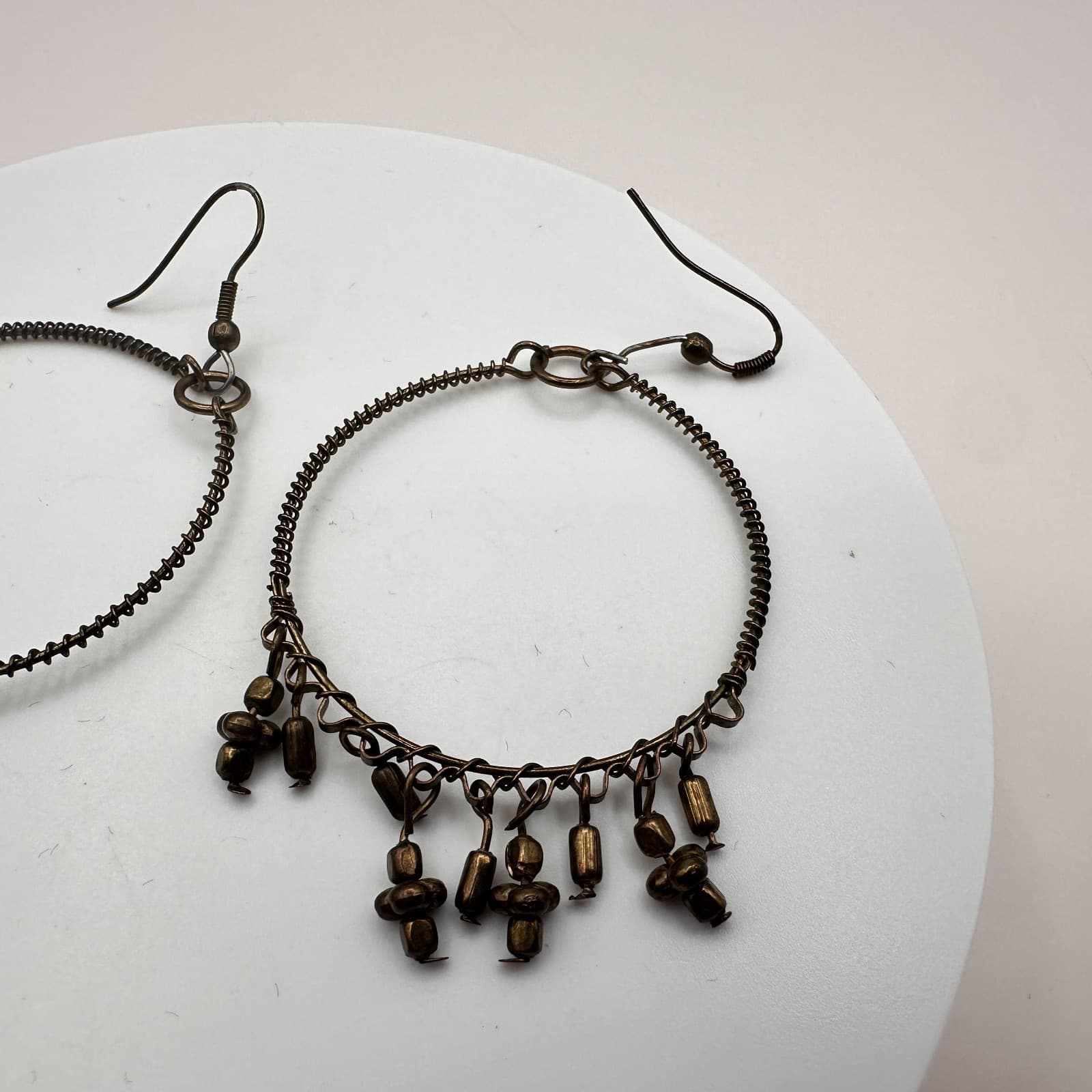 Vintage Y2K Bronze Tone Beaded Hoop Dangle Earrings Boho Women's Classic Jewelry - Thumbnail 5