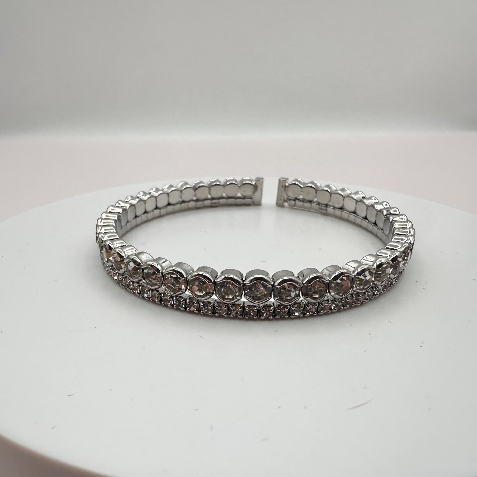 Vintage 90s Silver Tone Double Row Rhinestone Cuff Bracelet Women's Jewelry Boho - Thumbnail 2