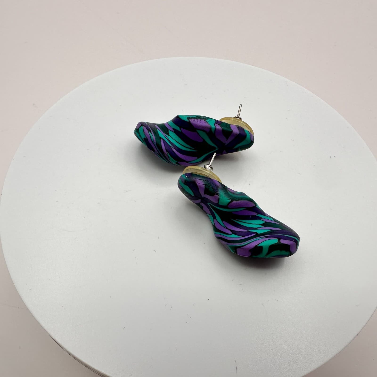Vintage 90s Purple Teal Polymer Clay Abstract Swirl Stud Earrings Boho Jewelry - Thumbnail 5