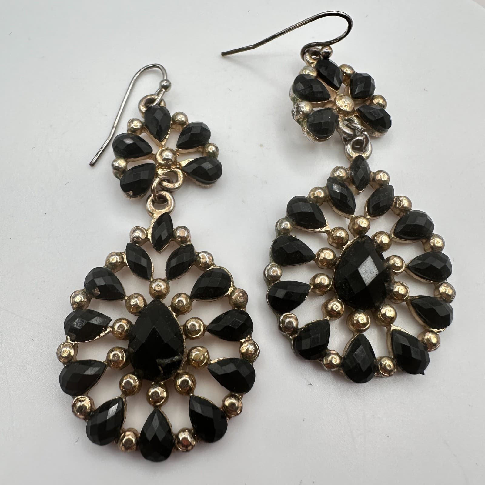Vintage Gold Tone Black Rhinestone Chandelier Earrings Teardrop Dangle Statement - Thumbnail 6