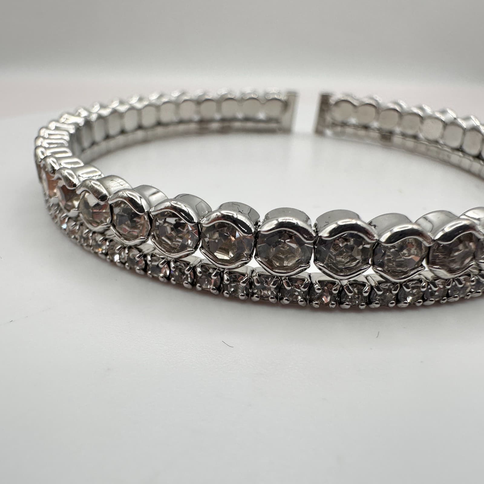 Vintage 90s Silver Tone Double Row Rhinestone Cuff Bracelet Women's Jewelry Boho - Thumbnail 4