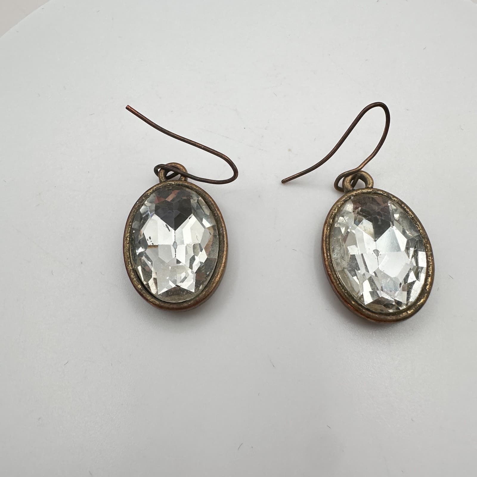 Vintage 90s Bronze Tone Clear Oval Glass Drop Dangle Earrings Fashion Jewelry - Thumbnail 3