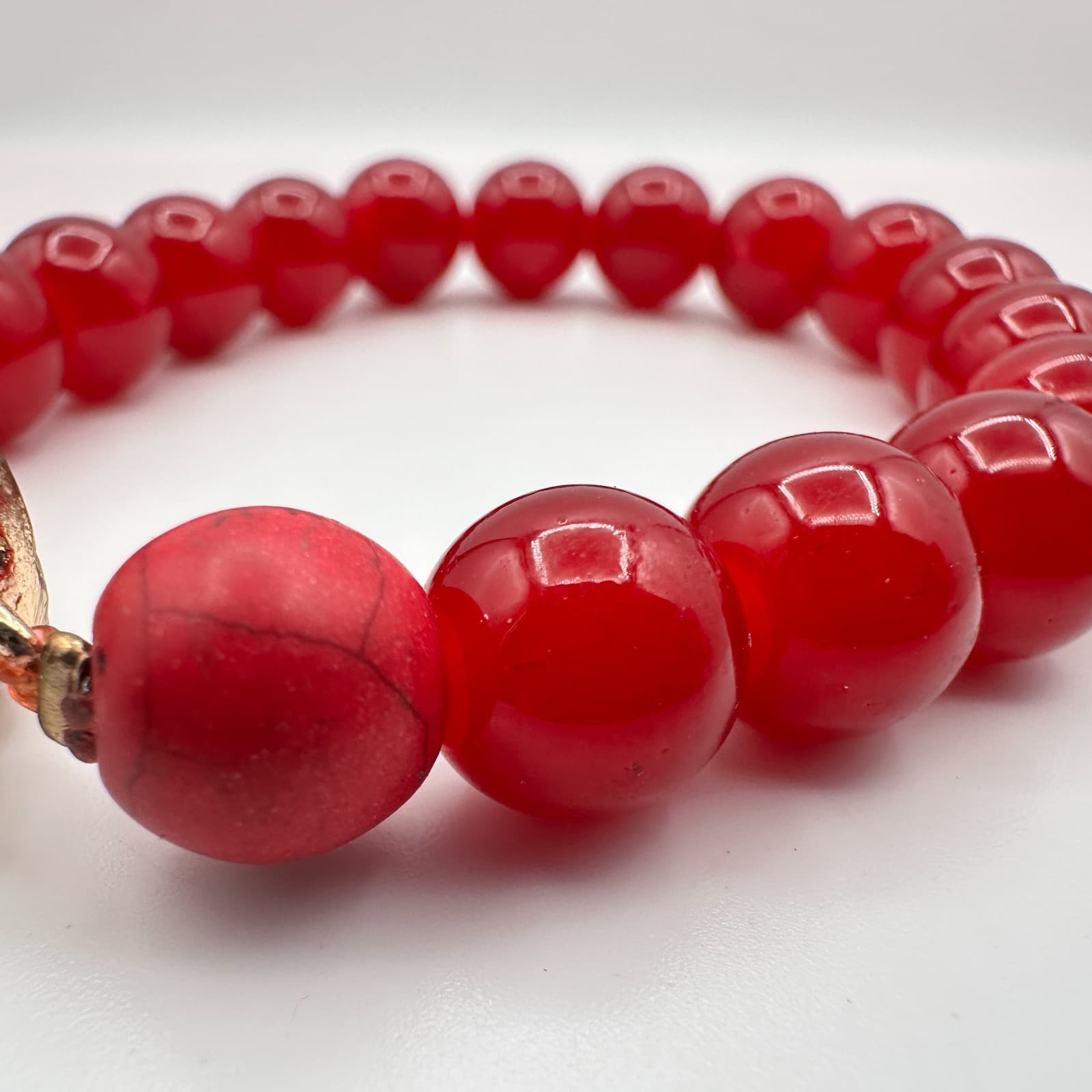 Vintage Gold Tone Chunky Beaded Bracelet Statement Boho Red Orange Faux Stone - Thumbnail 5