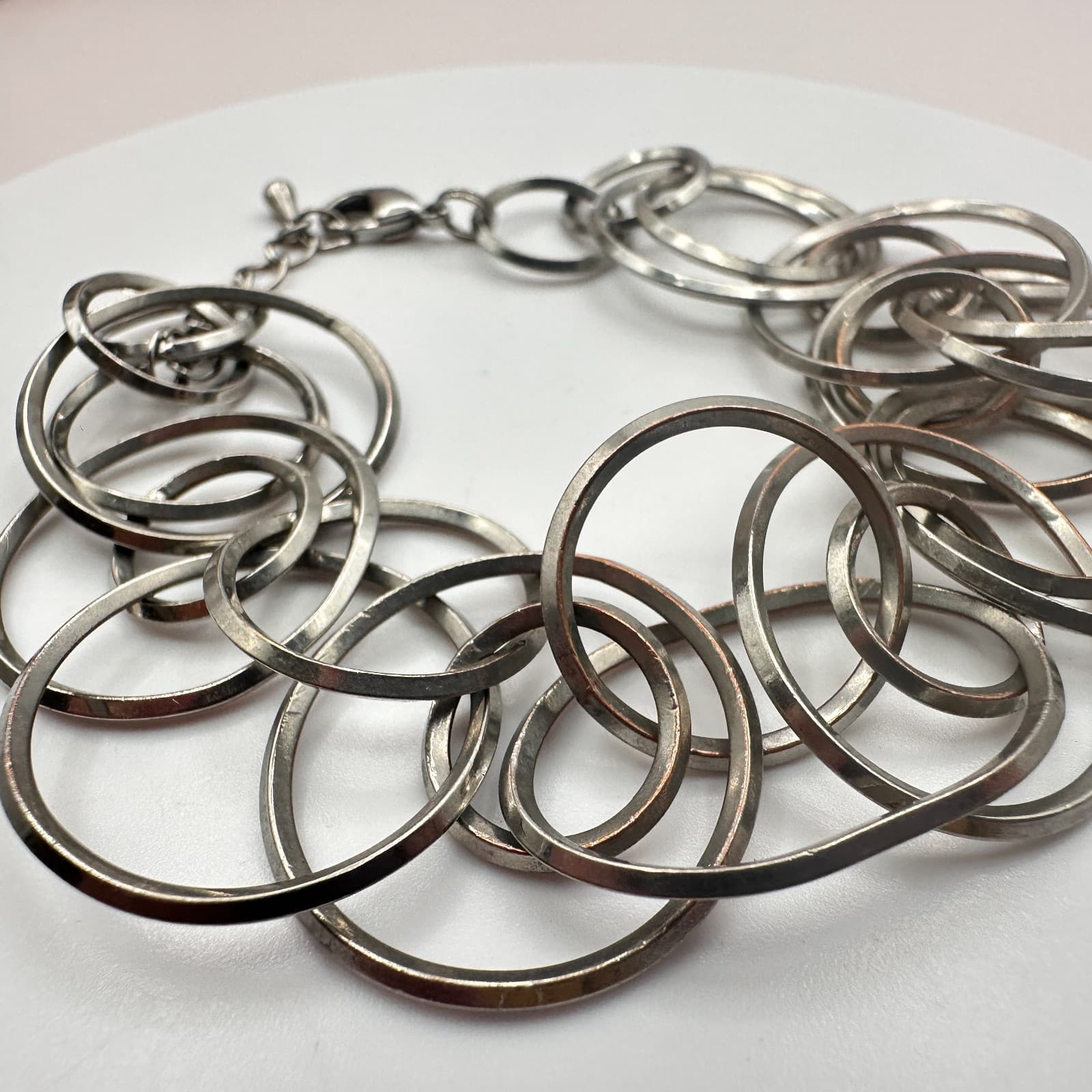 Vintage 90s Silver Tone Multi-Ring Interlocking Link Bracelet Women's Jewelry - Thumbnail 5