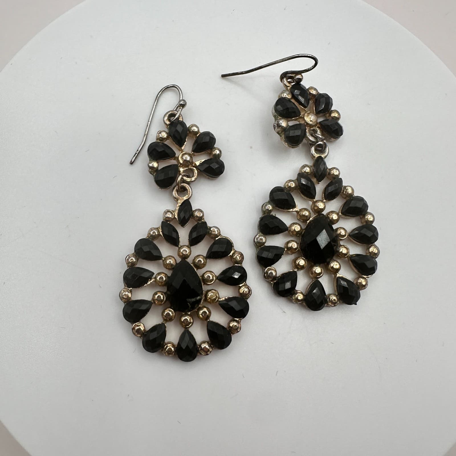 Vintage Gold Tone Black Rhinestone Chandelier Earrings Teardrop Dangle Statement - Thumbnail 4