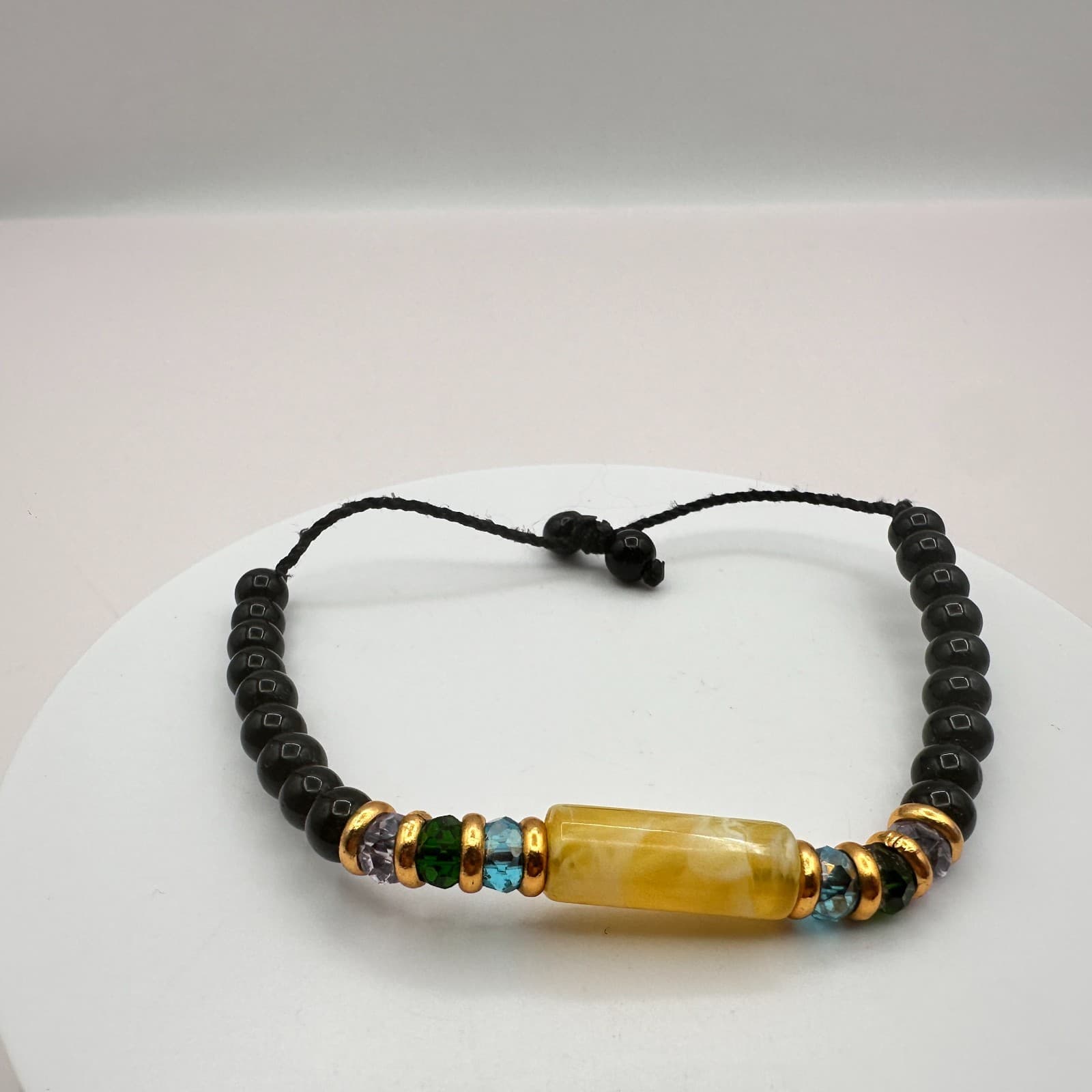 Vintage Gold Tone Black Beaded Adjustable Bracelet Yellow Amber Tone Tube Boho - Thumbnail 2