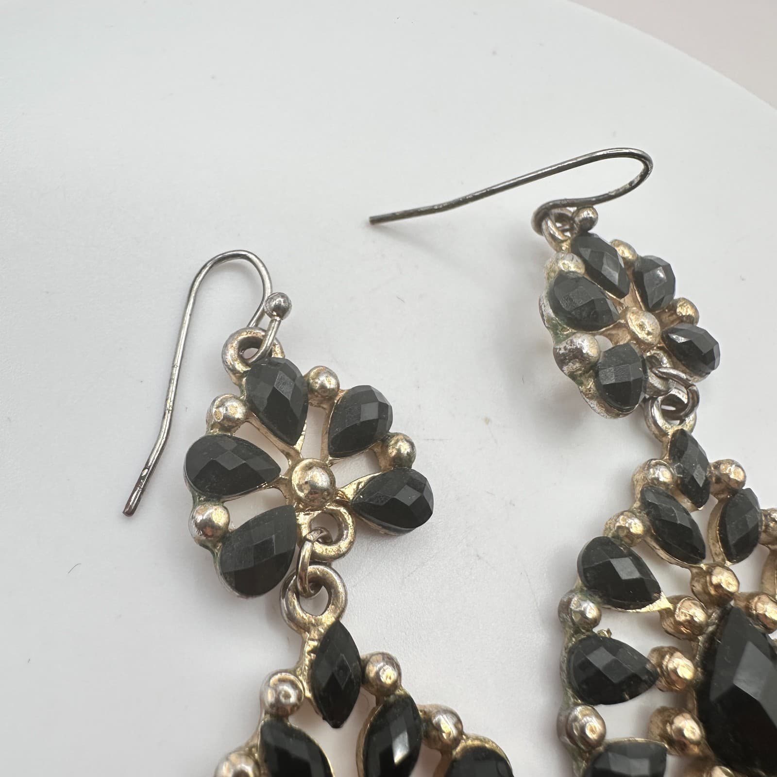 Vintage Gold Tone Black Rhinestone Chandelier Earrings Teardrop Dangle Statement - Thumbnail 7