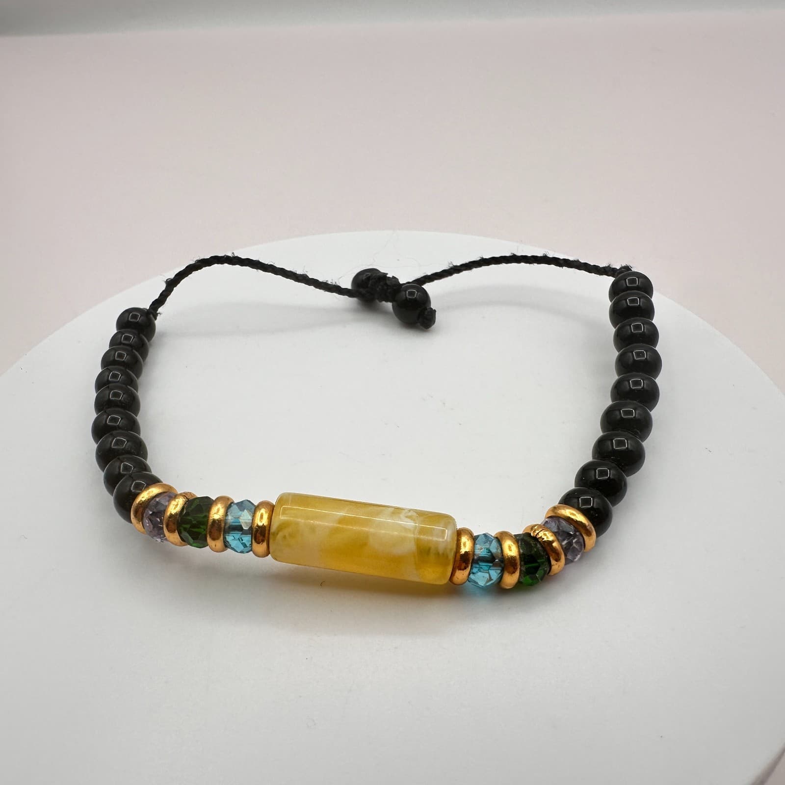 Vintage Gold Tone Black Beaded Adjustable Bracelet Yellow Amber Tone Tube Boho - Thumbnail 4