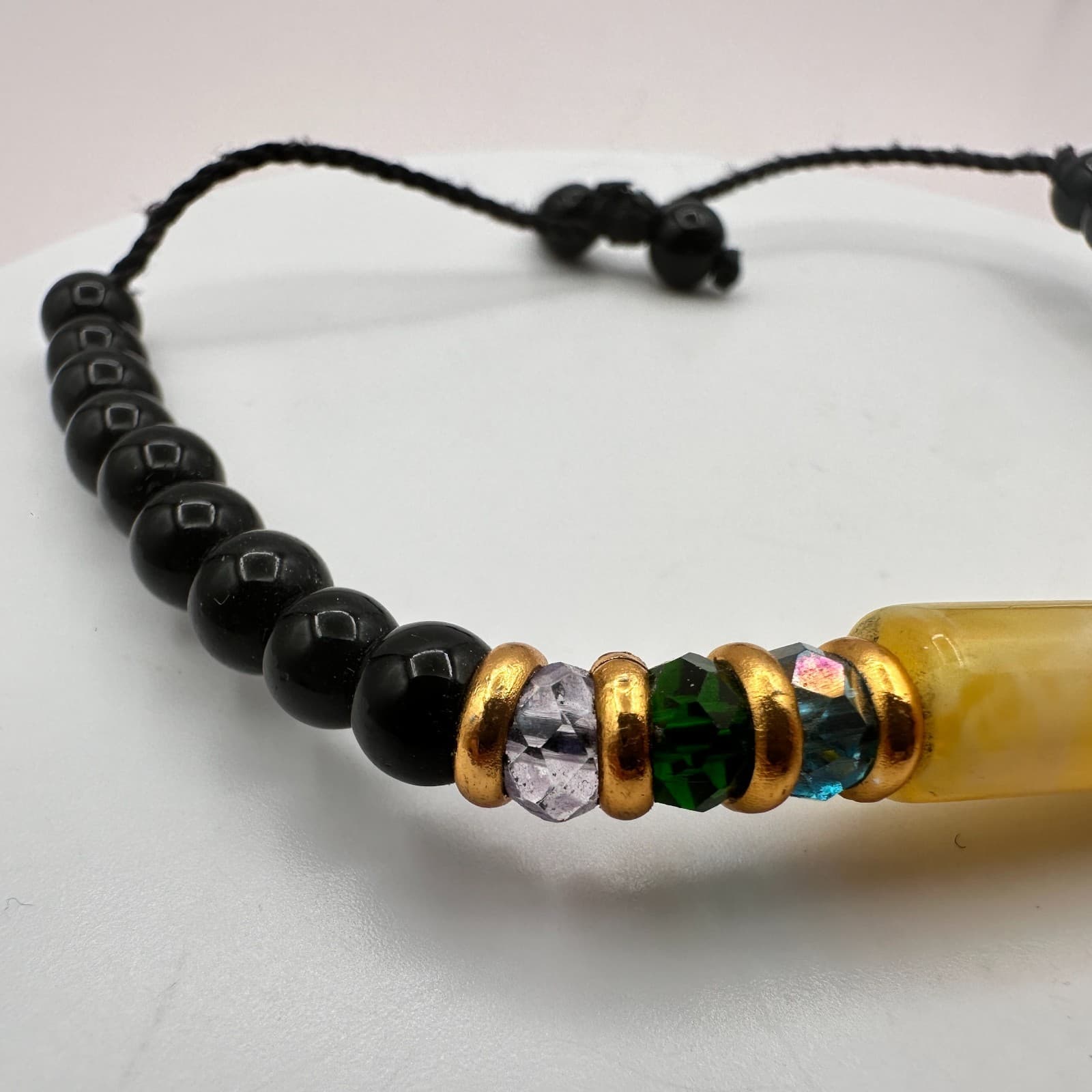 Vintage Gold Tone Black Beaded Adjustable Bracelet Yellow Amber Tone Tube Boho - Thumbnail 3