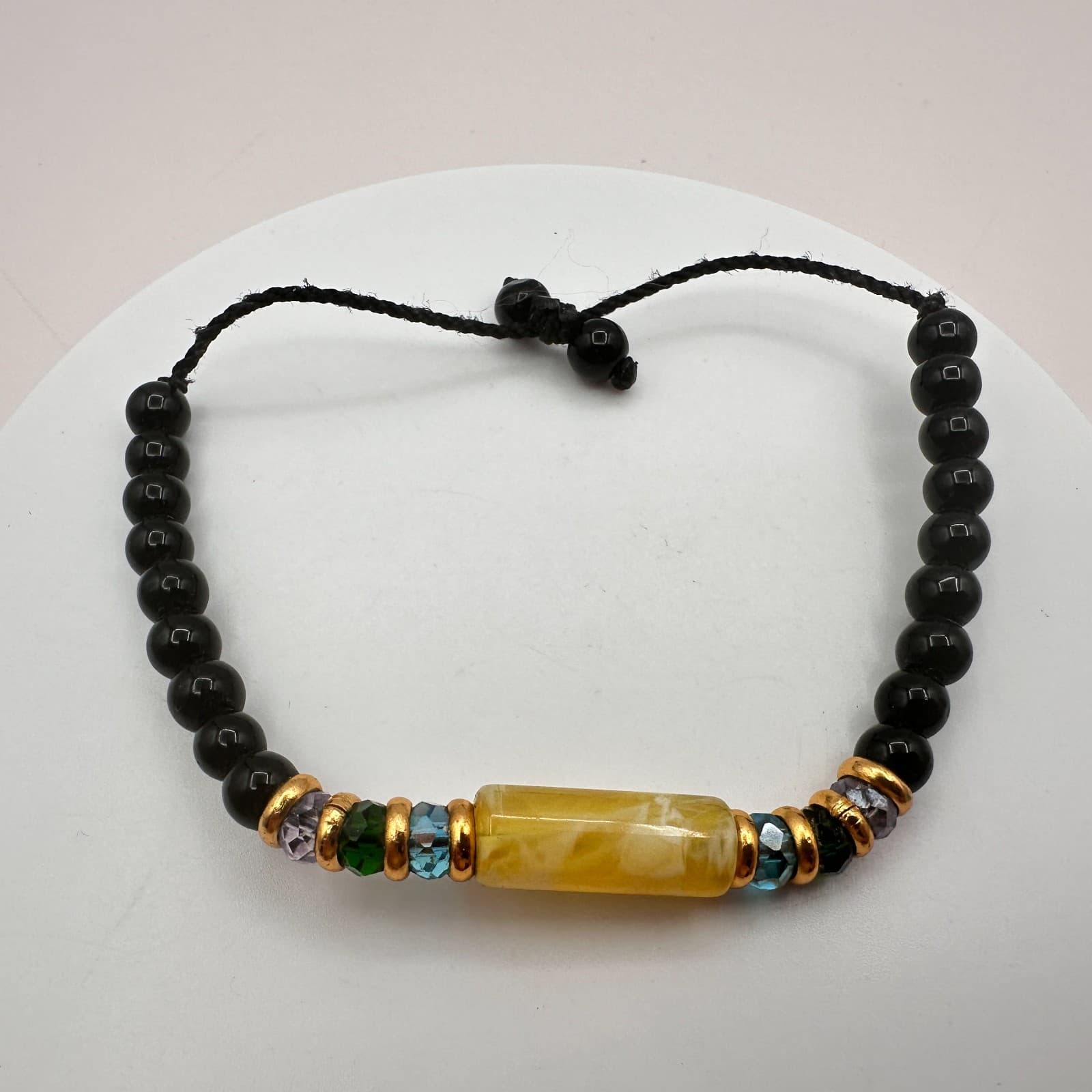 Vintage Gold Tone Black Beaded Adjustable Bracelet Yellow Amber Tone Tube Boho - Thumbnail 5