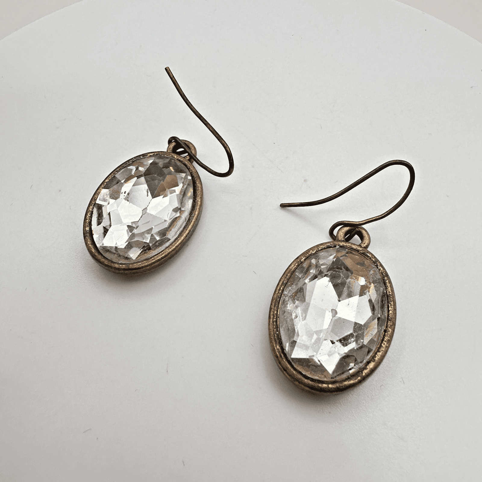 Vintage 90s Bronze Tone Clear Oval Glass Drop Dangle Earrings Fashion Jewelry - Thumbnail 2