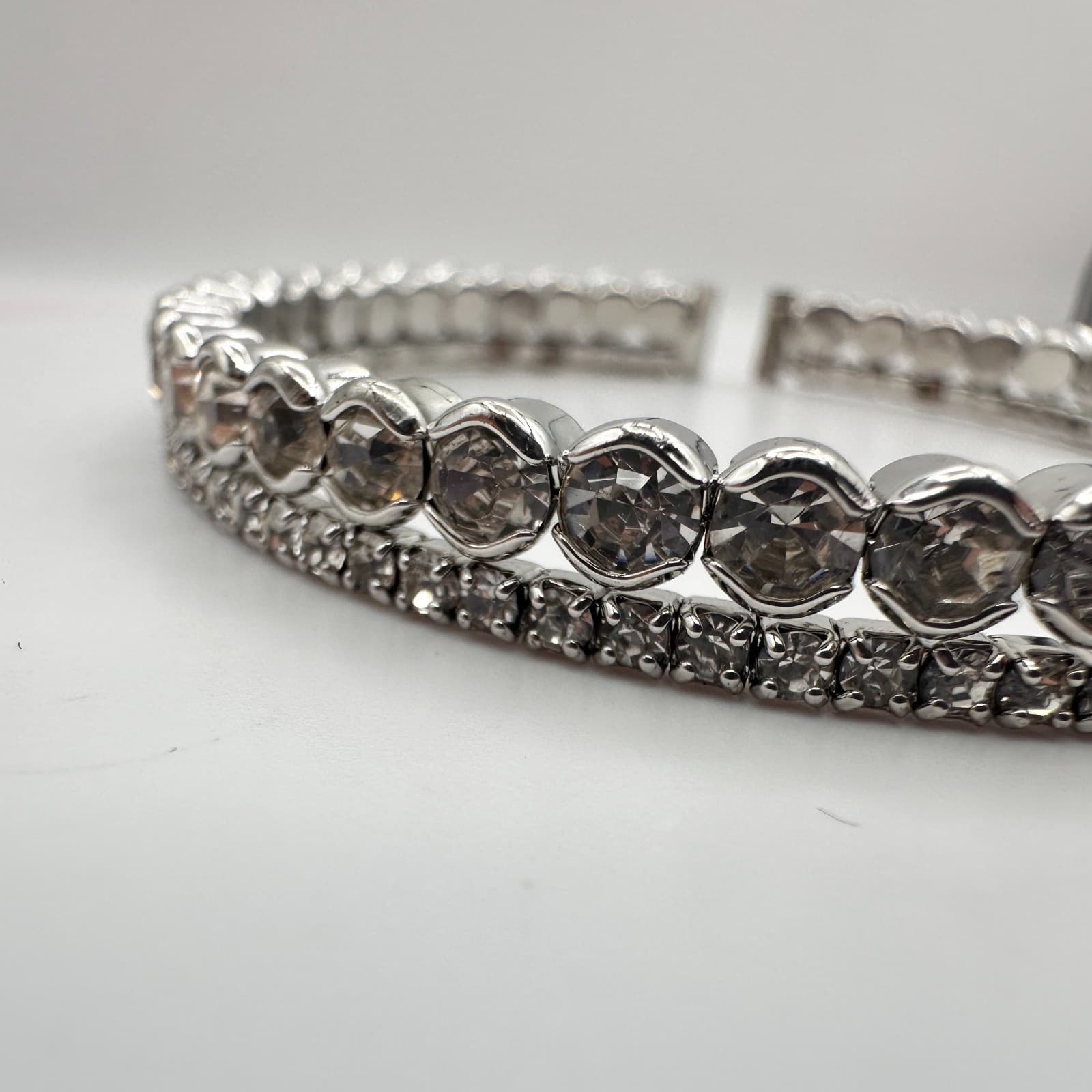 Vintage 90s Silver Tone Double Row Rhinestone Cuff Bracelet Women's Jewelry Boho - Thumbnail 5