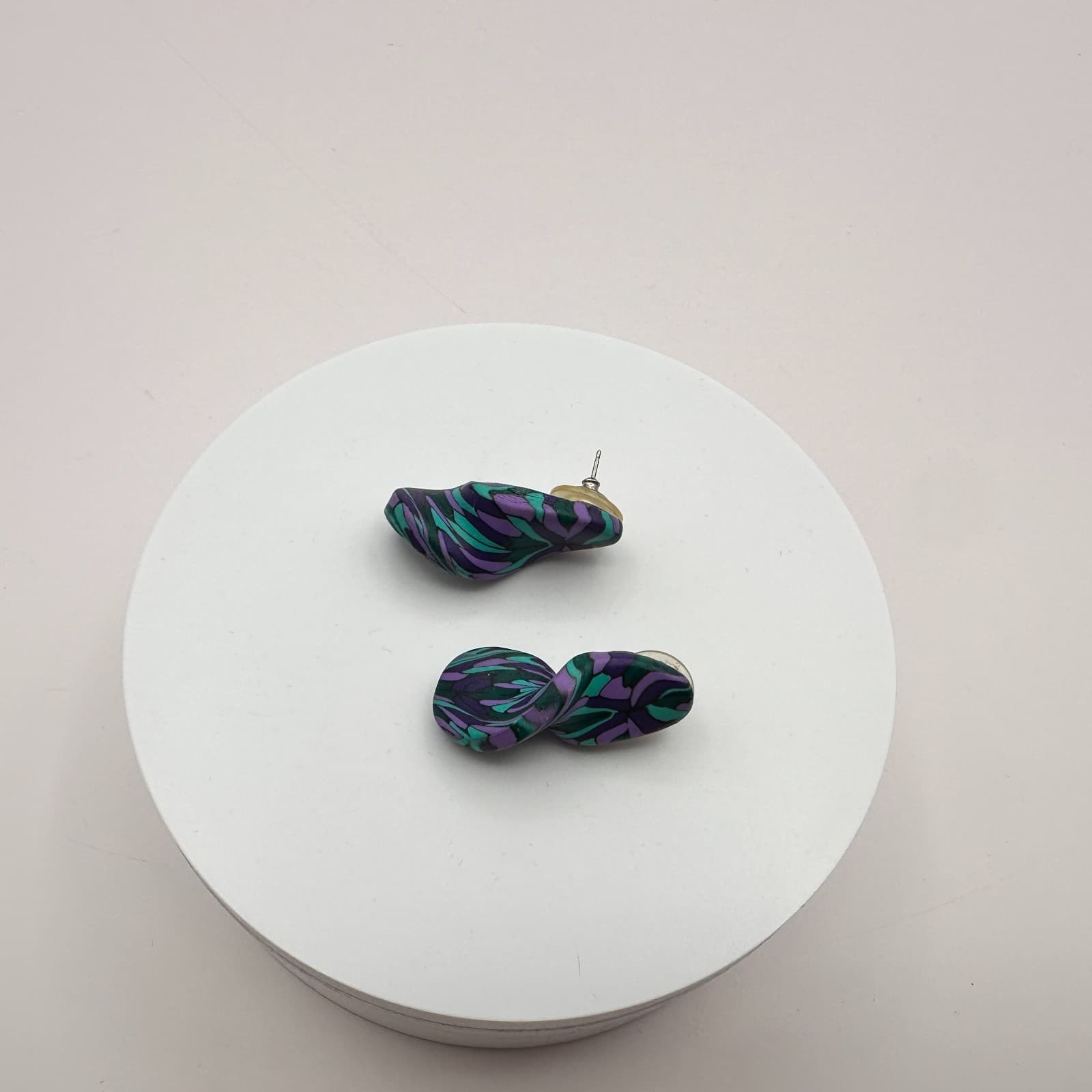 Vintage 90s Purple Teal Polymer Clay Abstract Swirl Stud Earrings Boho Jewelry - Thumbnail 2