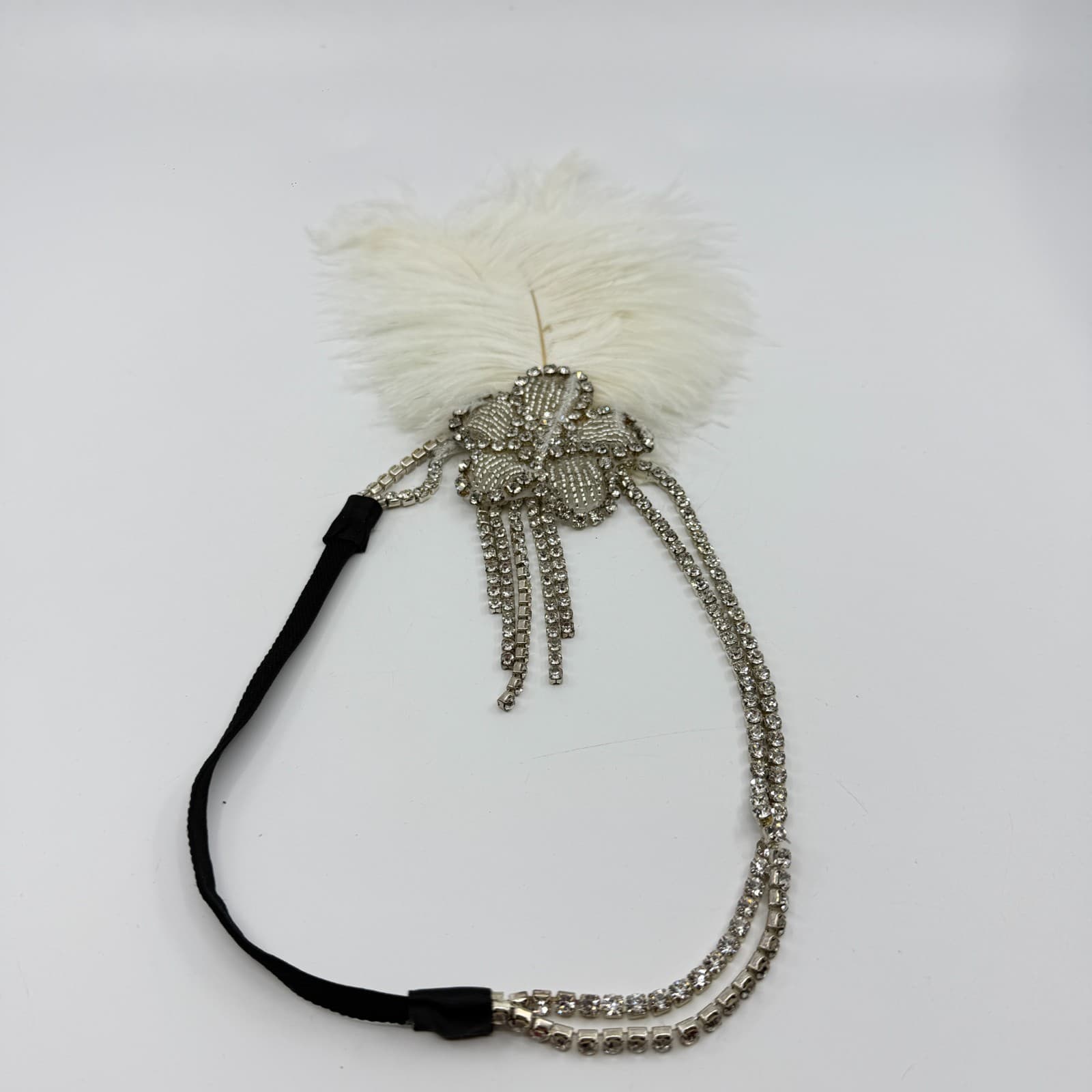 Glamorous 1920s Flapper Headband White Feather Crystal Rhinestone Gatsby Style - Thumbnail 7