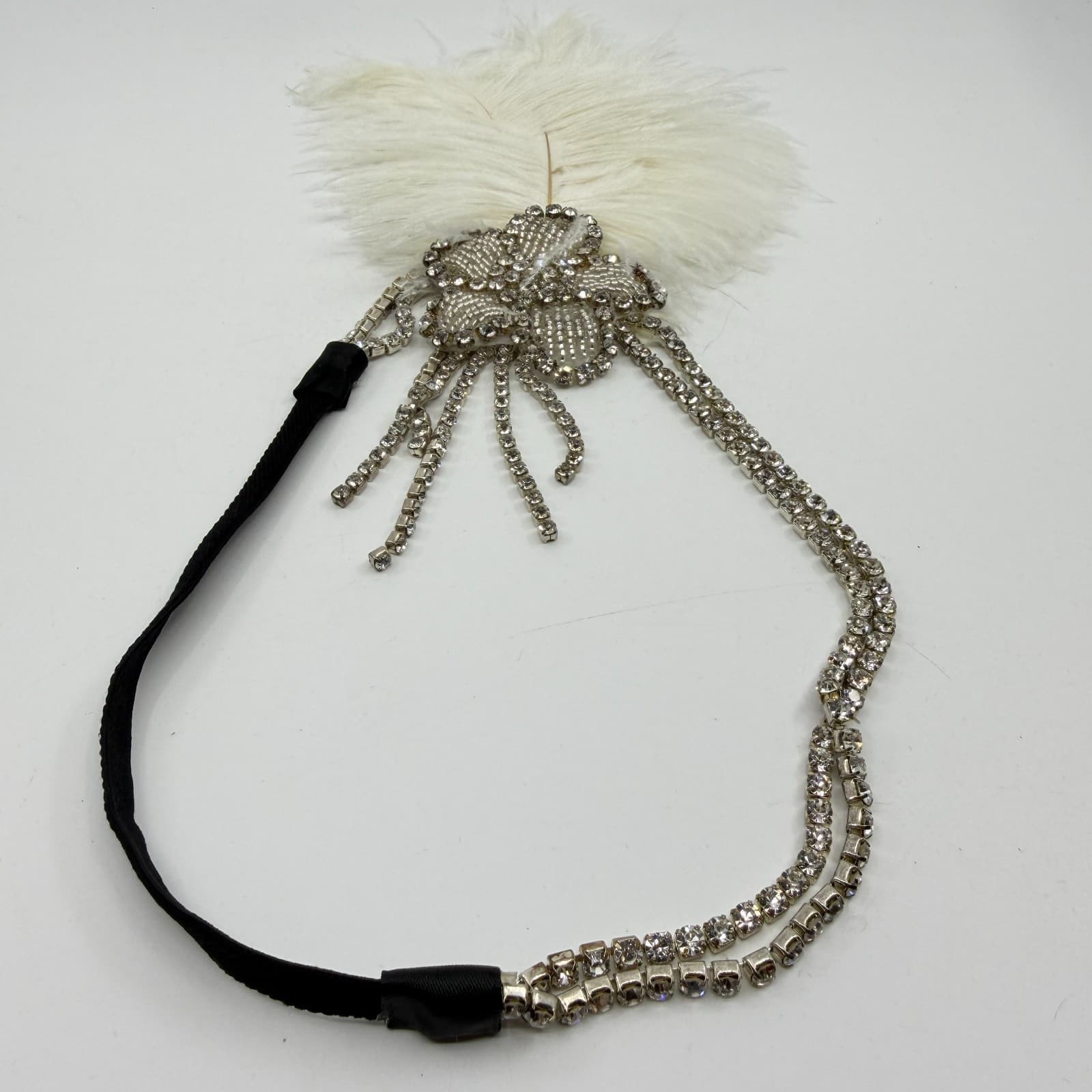 Glamorous 1920s Flapper Headband White Feather Crystal Rhinestone Gatsby Style - Thumbnail 2
