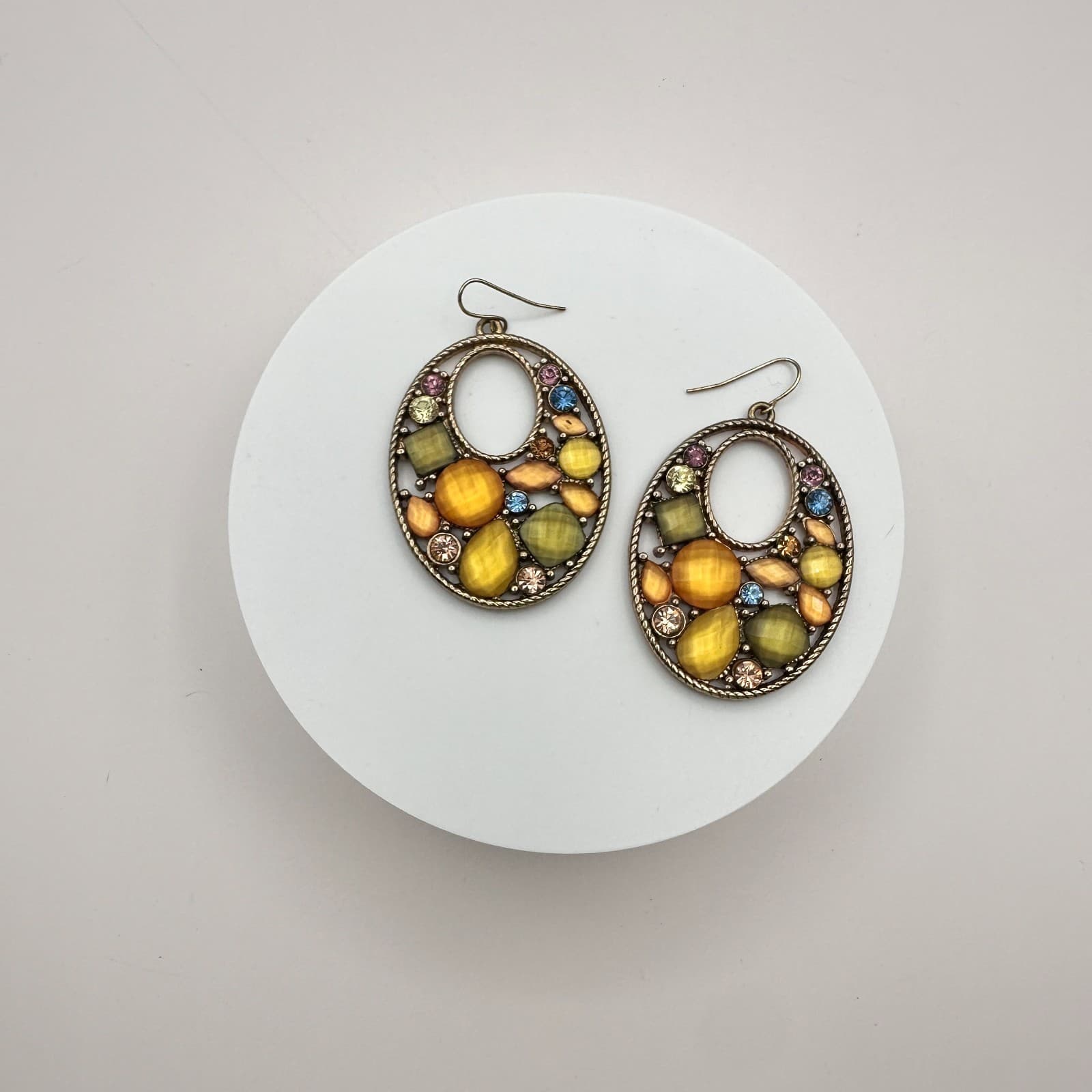Vintage 90s Y2K Gold Tone Beaded Hoop Earrings Rhinestone Boho Statement Jewelry - Thumbnail 3