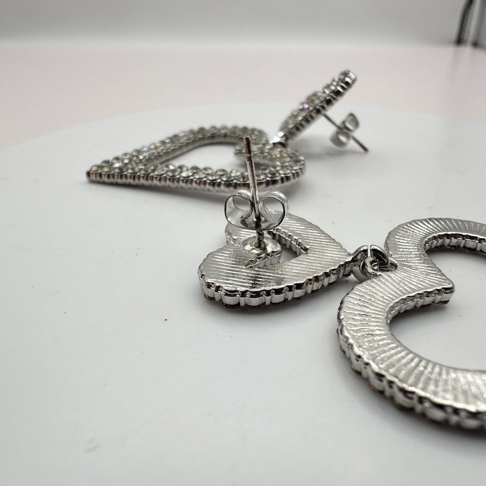 Vintage Y2K Silver Tone Rhinestone Double Heart Dangle Earrings Women's Jewelry - Thumbnail 6