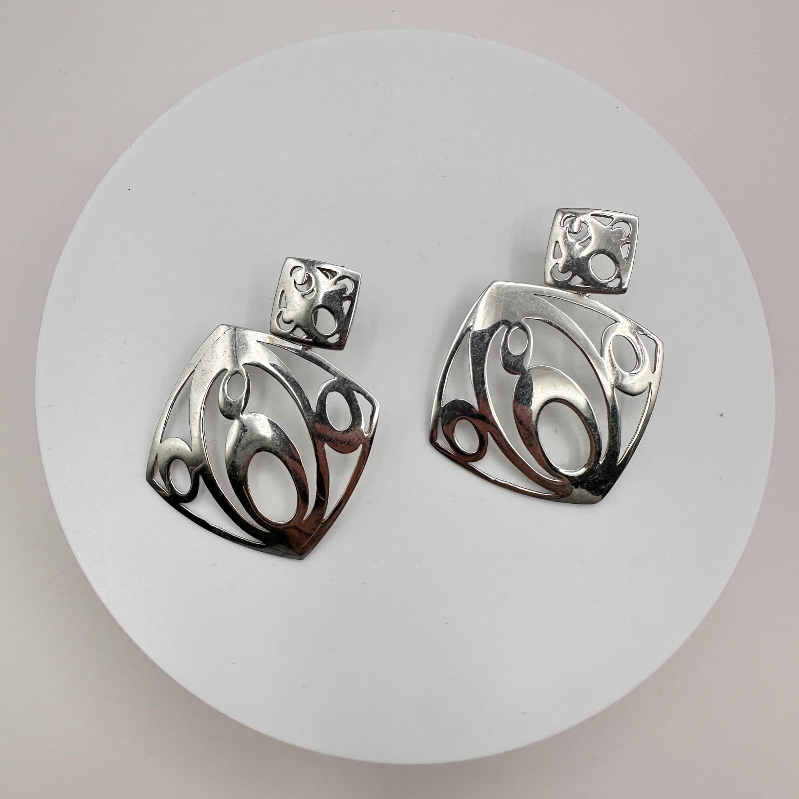 Vintage Y2K Silver Tone Open Work Dangle Earrings Statement Women's Jewelry 90s - Thumbnail 3