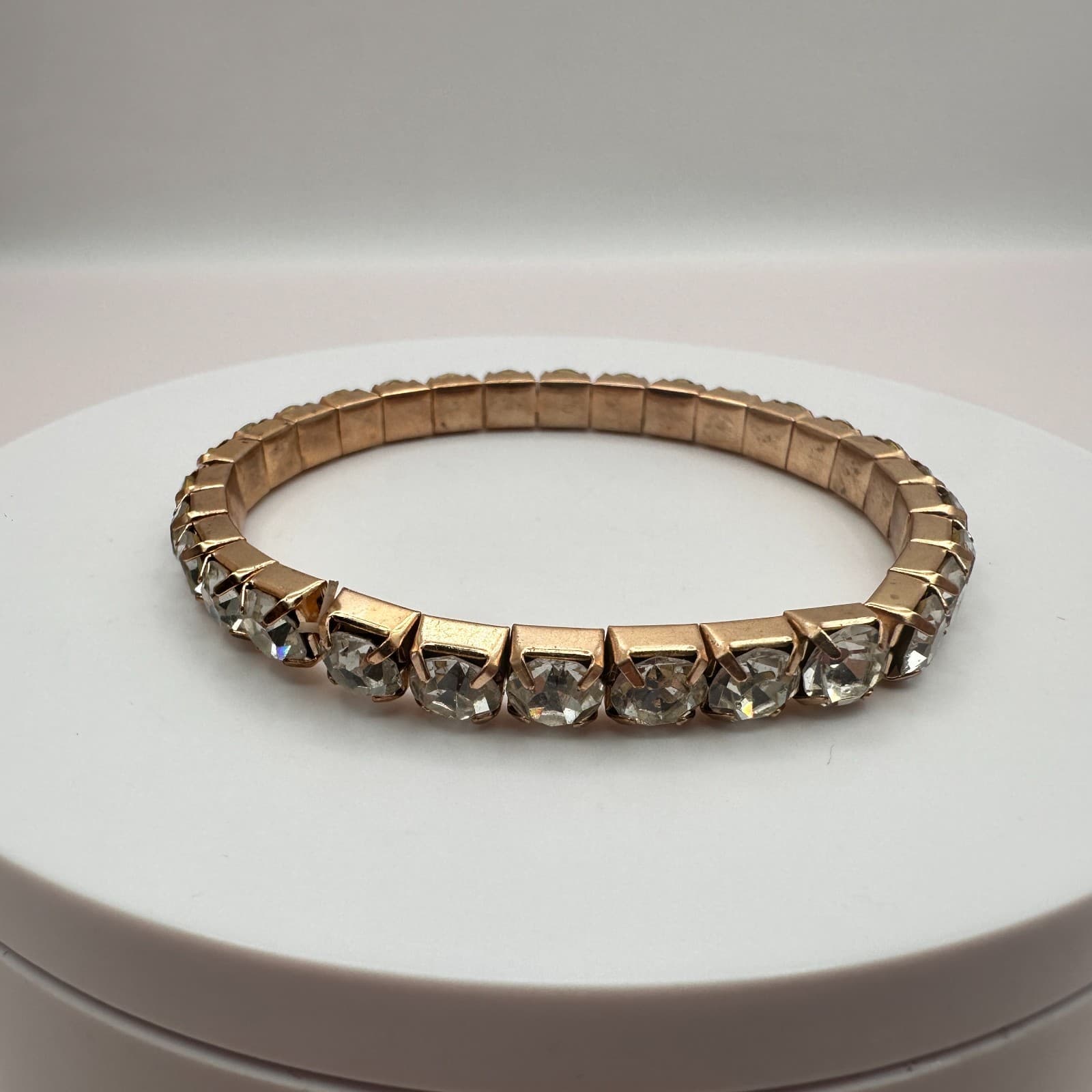Vintage 90s Gold Tone Clear Glass Stretch Tennis Bracelet Glam Fashion Jewelry - Thumbnail 2