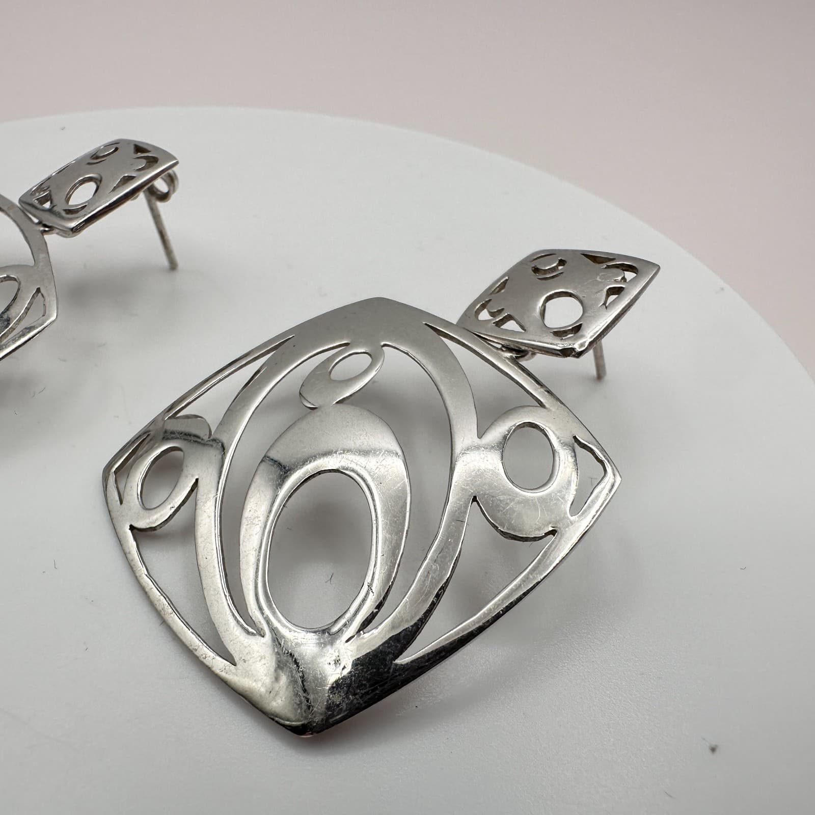 Vintage Y2K Silver Tone Open Work Dangle Earrings Statement Women's Jewelry 90s - Thumbnail 5