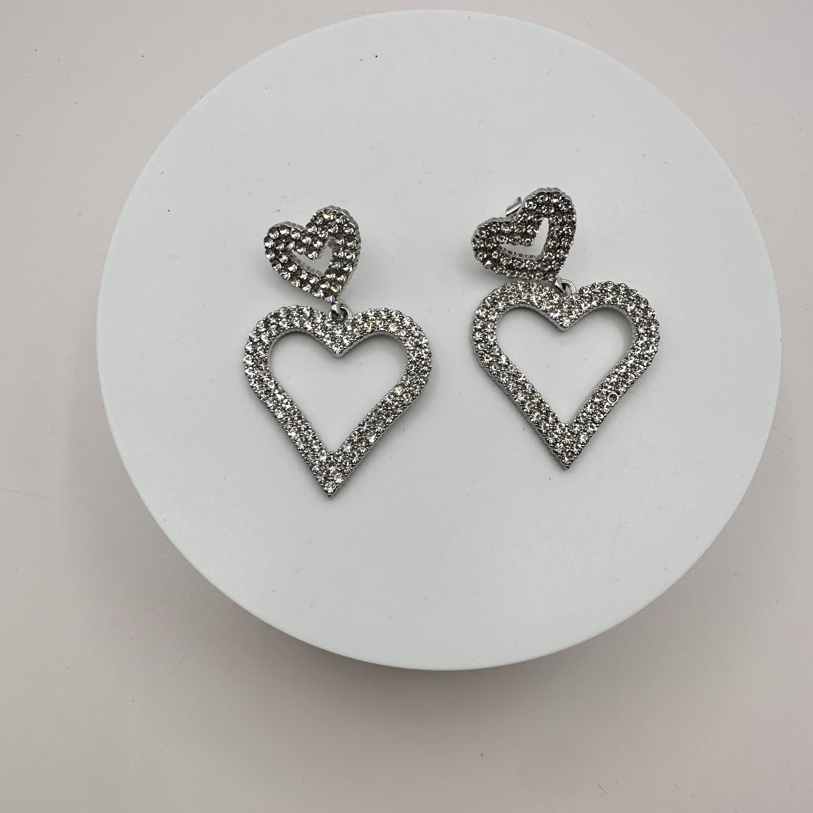 Vintage Y2K Silver Tone Rhinestone Double Heart Dangle Earrings Women's Jewelry - Thumbnail 4