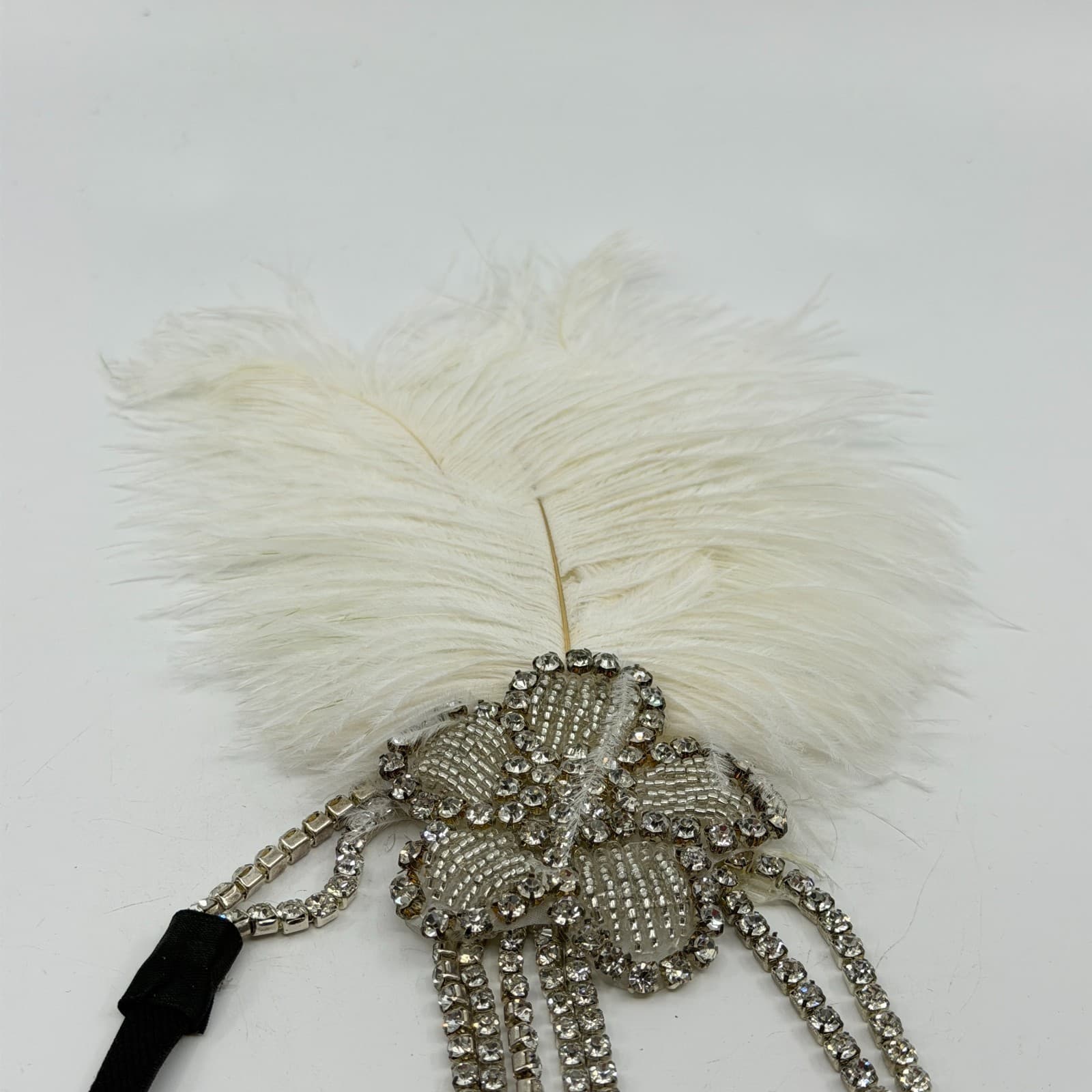 Glamorous 1920s Flapper Headband White Feather Crystal Rhinestone Gatsby Style - Thumbnail 6