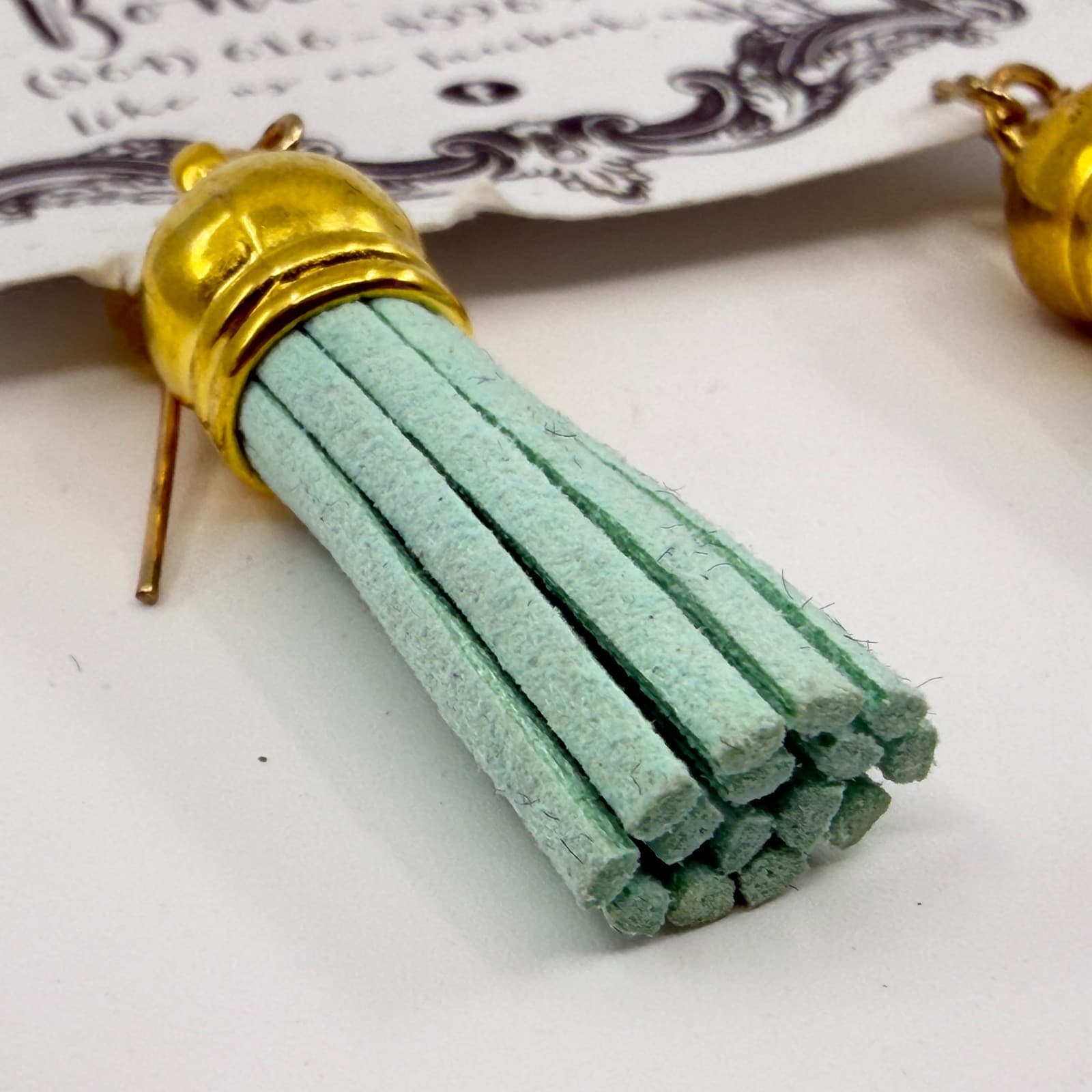 Mint Green Suede Tassel Earring Gold Tone Boho Chic Lightweight Fun Gift Jewelry - Thumbnail 7