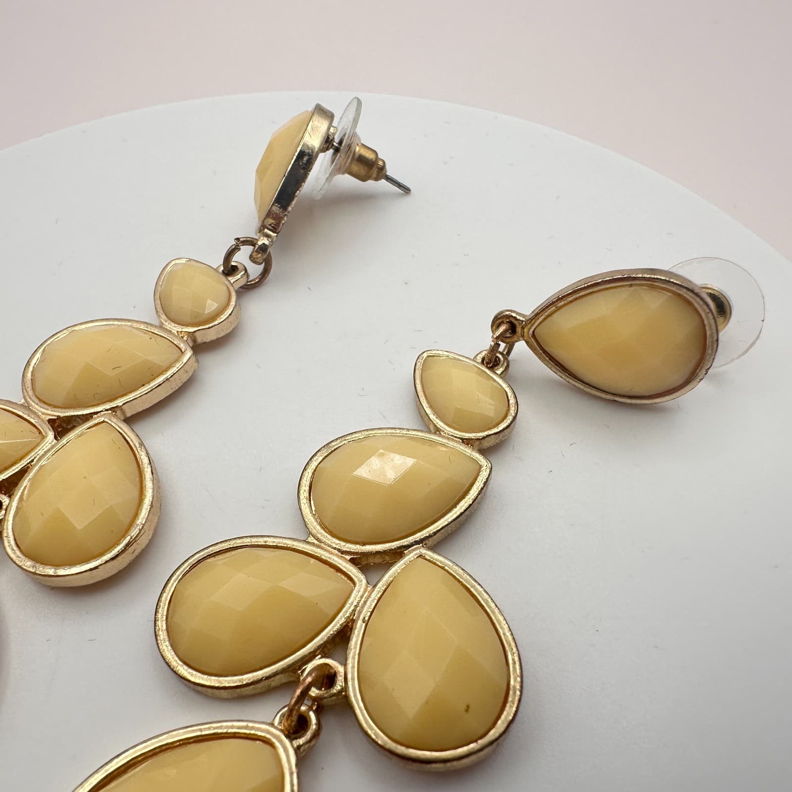 Vintage 80s 90s Gold Tone Yellow Glass Teardrop Dangle Earrings Boho Statement - Thumbnail 7