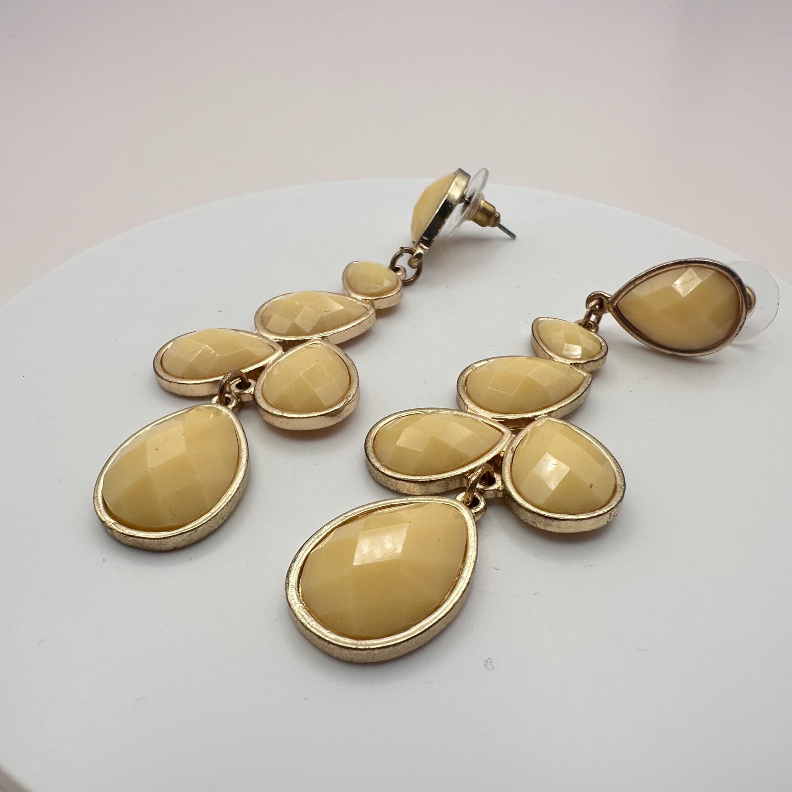 Vintage 80s 90s Gold Tone Yellow Glass Teardrop Dangle Earrings Boho Statement - Thumbnail 9
