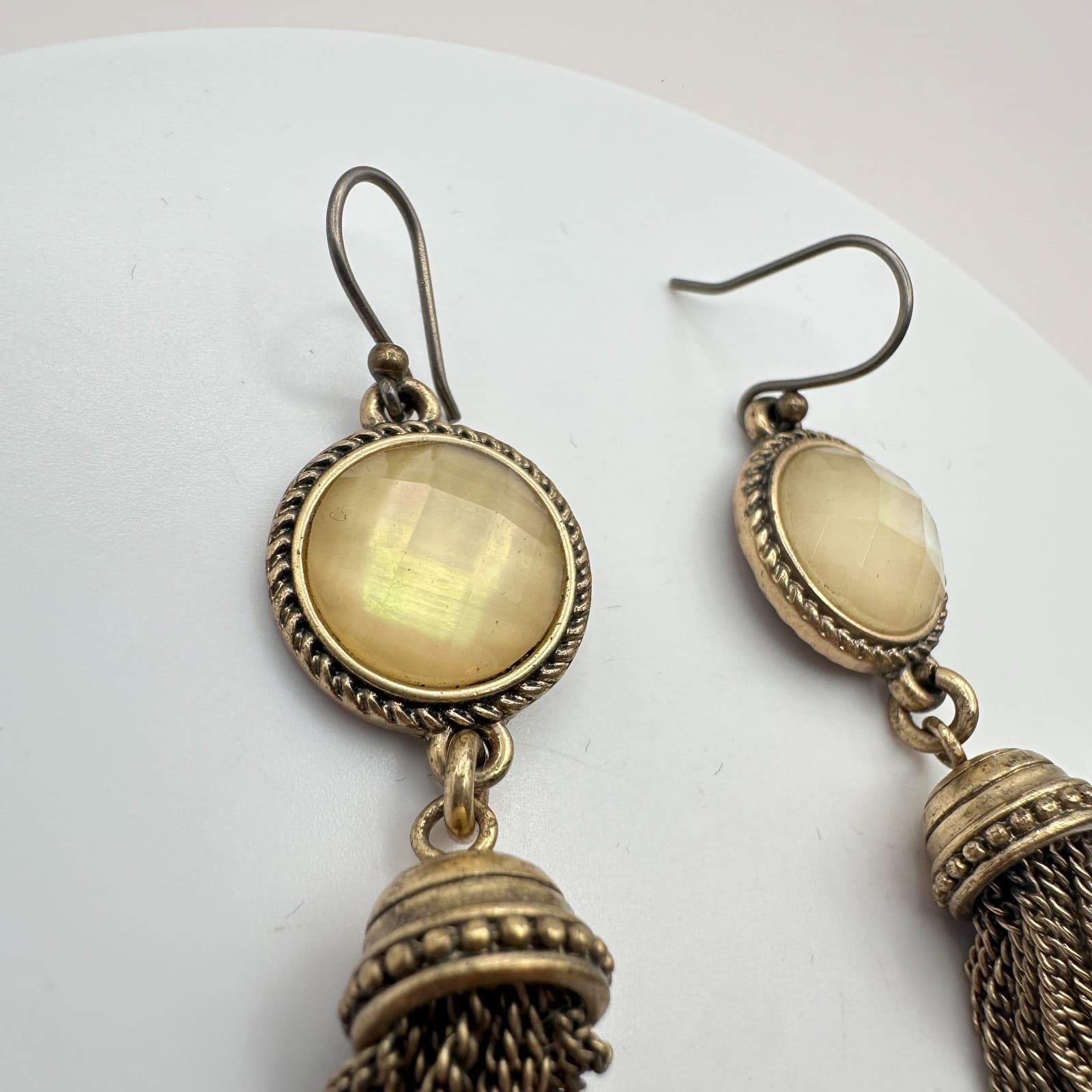 Vintage Gold Tone Faux Moonstone Tassel Earrings Statement Dangle Fringe Boho - Thumbnail 2