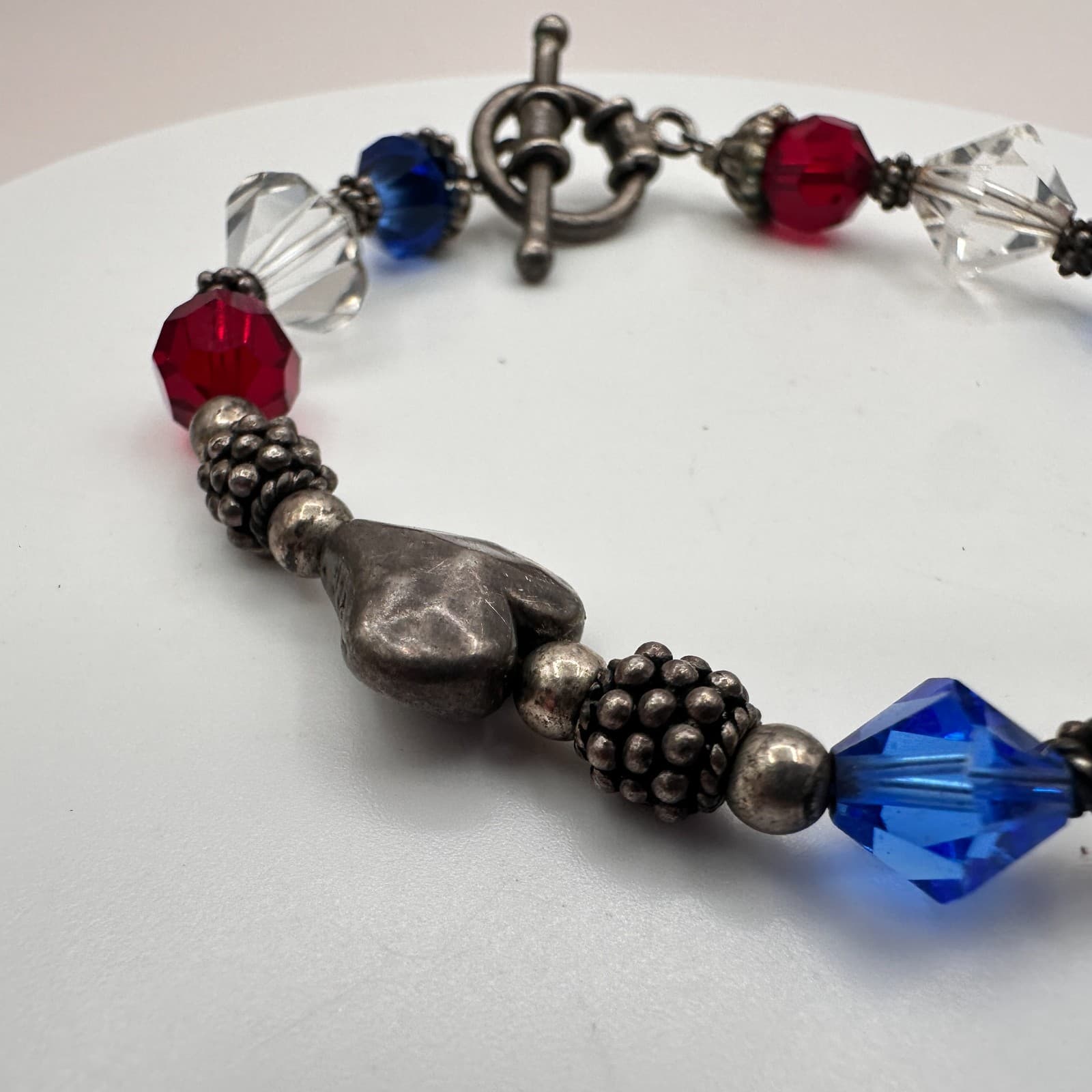 Vintage Y2K Silver Tone Heart Polycrome Glass Beaded Charms Bracelet Jewelry 90s - Thumbnail 5