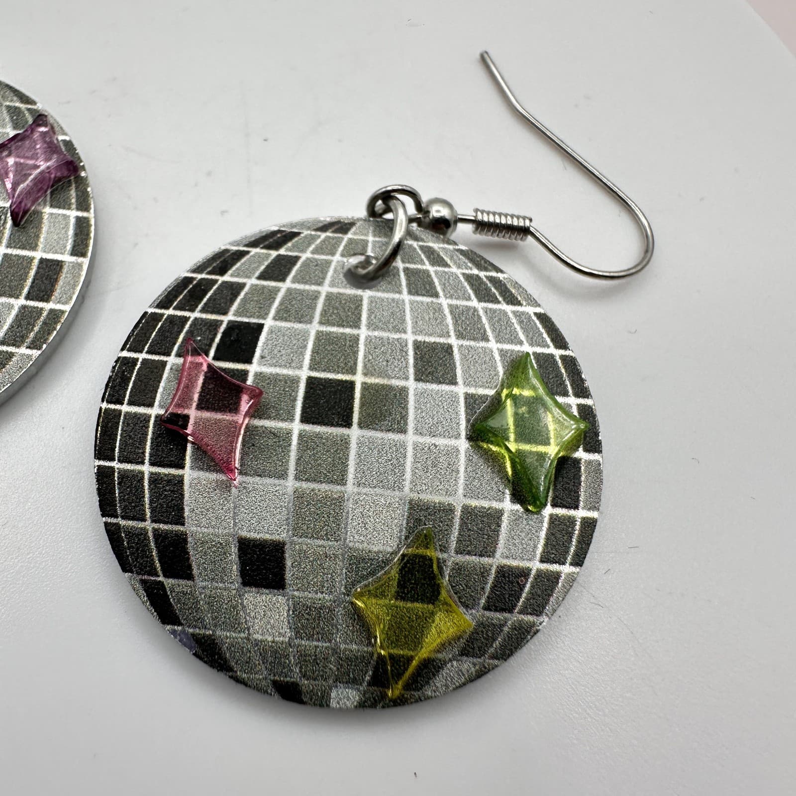 Vintage Y2K Glitter Disco Ball Dangle Earrings Silver Tone Retro Women's Jewelry - Thumbnail 4