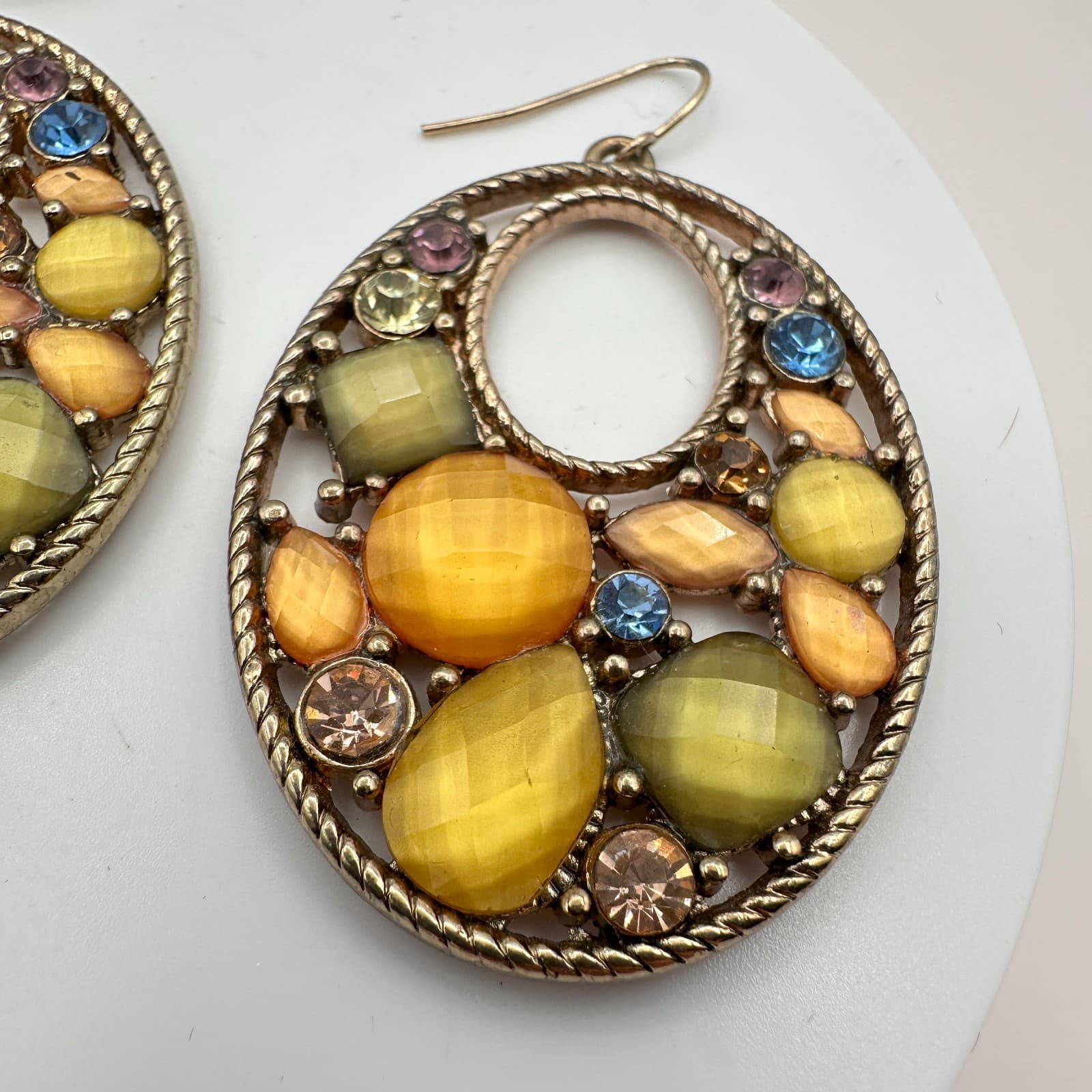 Vintage 90s Y2K Gold Tone Beaded Hoop Earrings Rhinestone Boho Statement Jewelry - Thumbnail 4