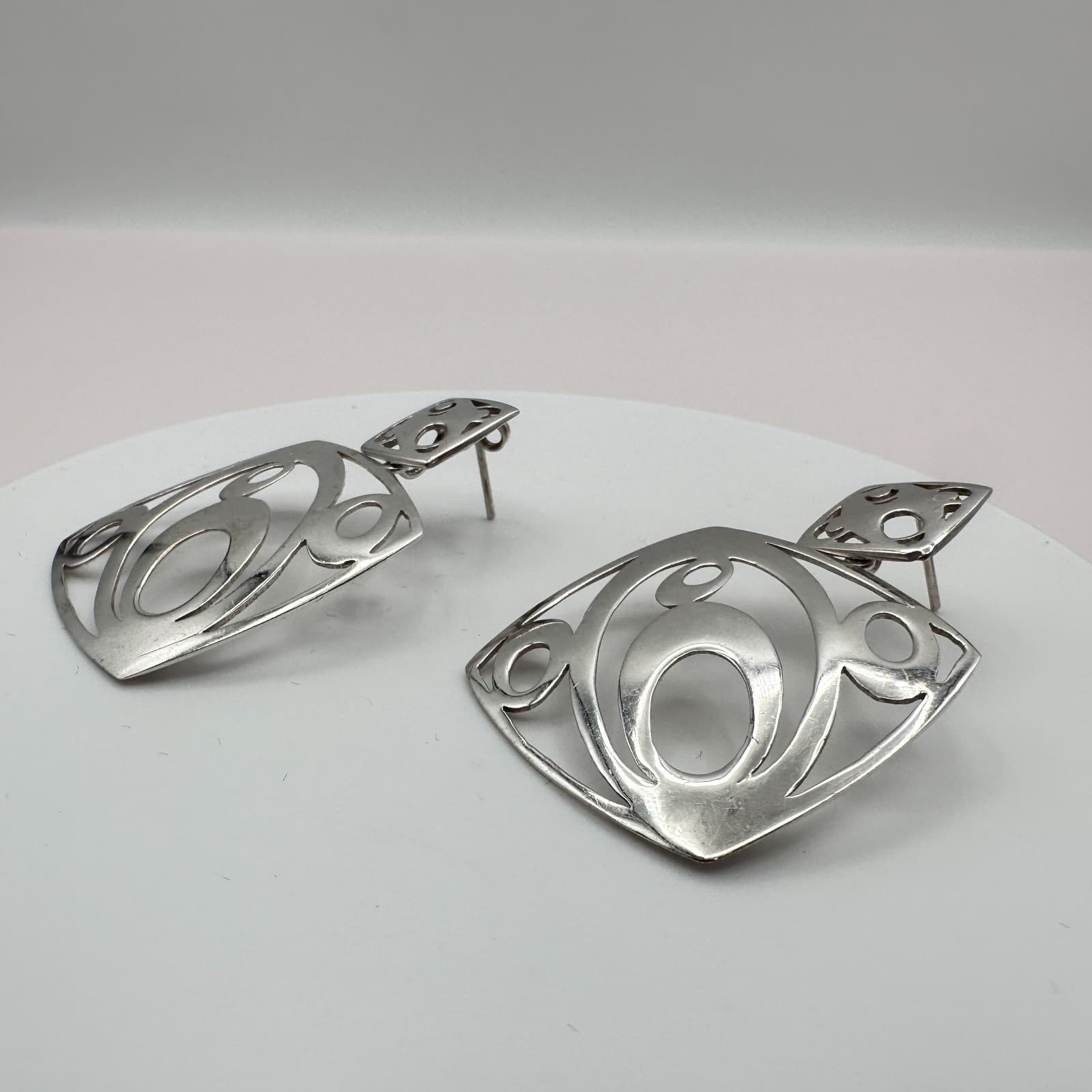 Vintage Y2K Silver Tone Open Work Dangle Earrings Statement Women's Jewelry 90s - Thumbnail 4