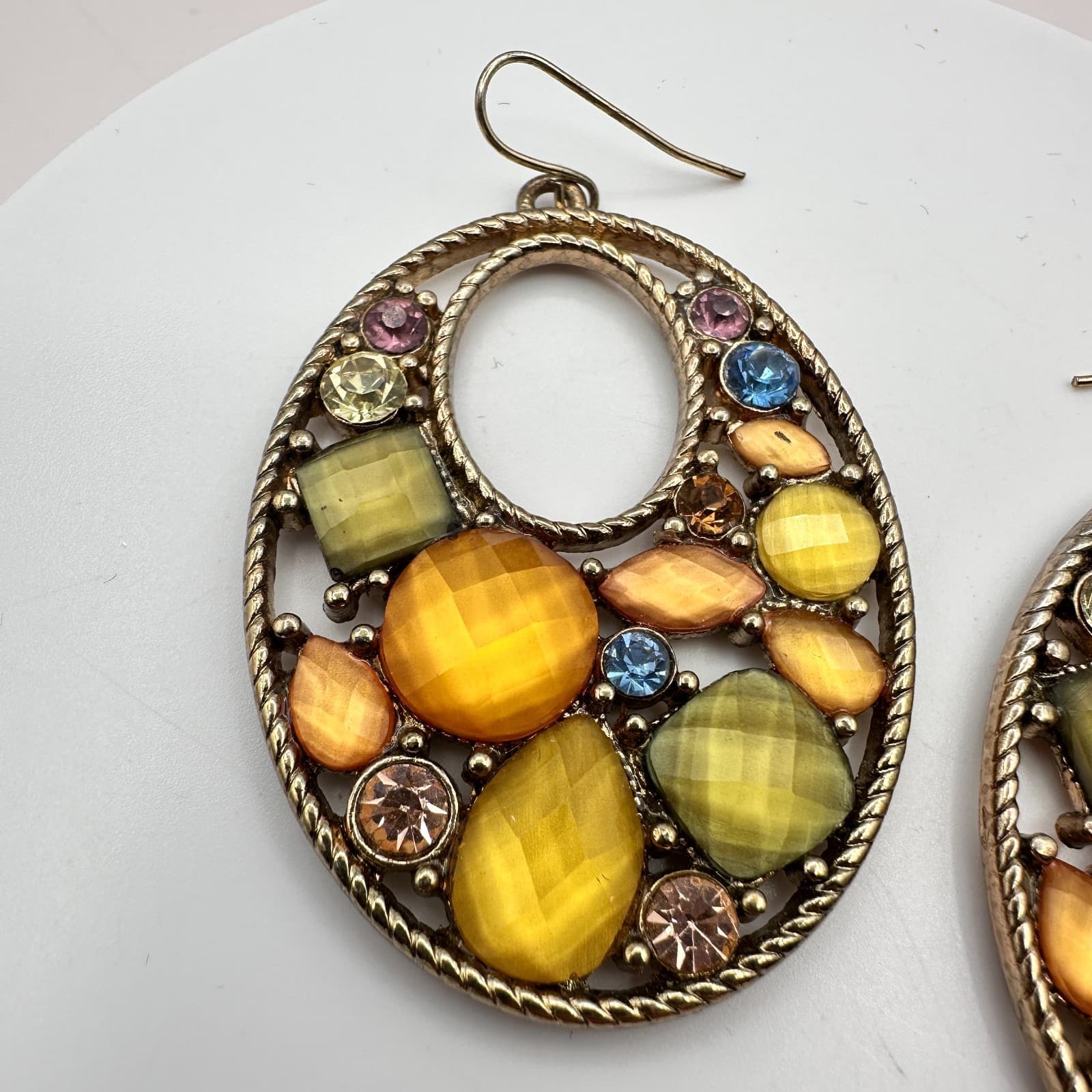 Vintage 90s Y2K Gold Tone Beaded Hoop Earrings Rhinestone Boho Statement Jewelry - Thumbnail 2