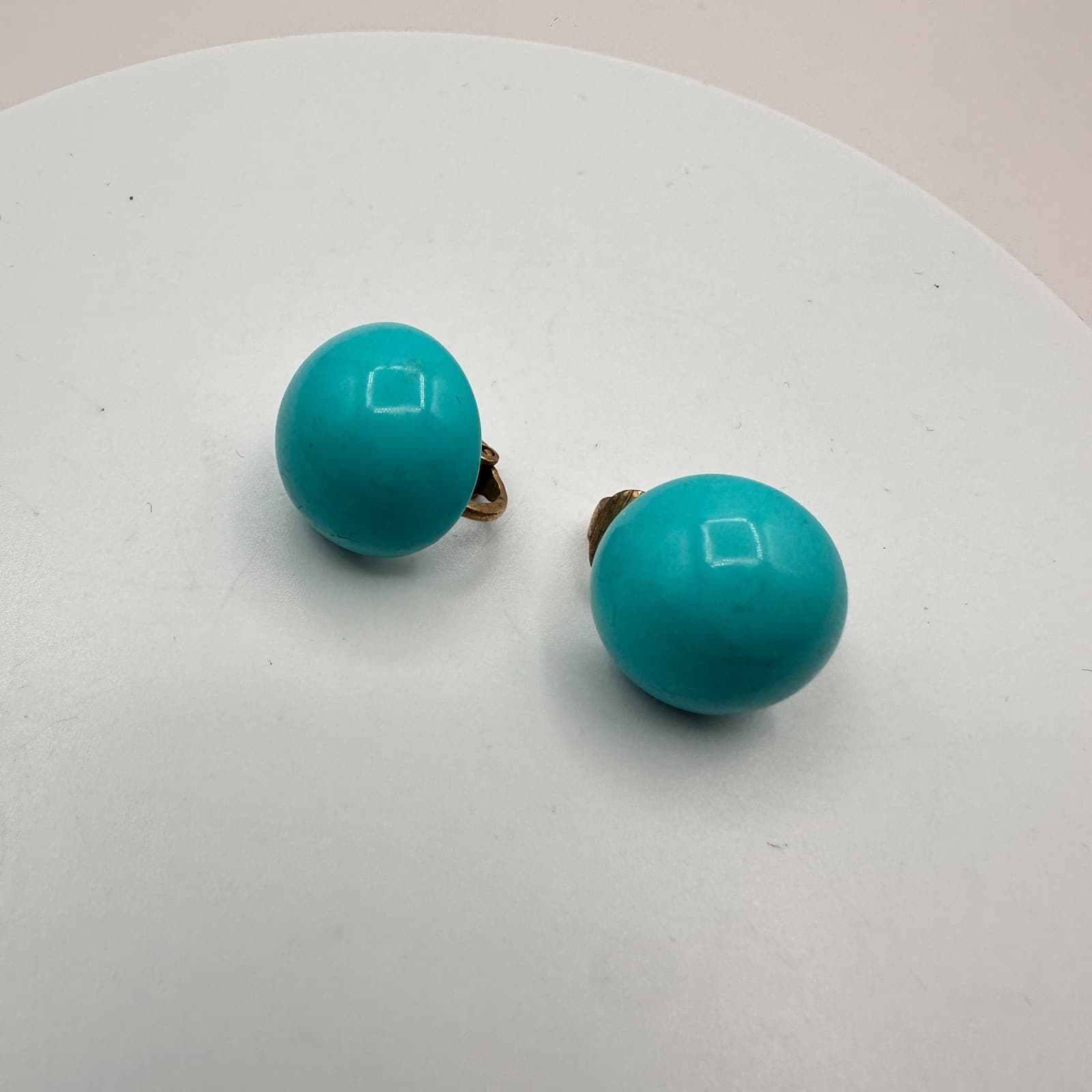 Vintage 90s Gold Tone Turquoise Blue Dome Earrings Women's Classic Jewelry - Thumbnail 2