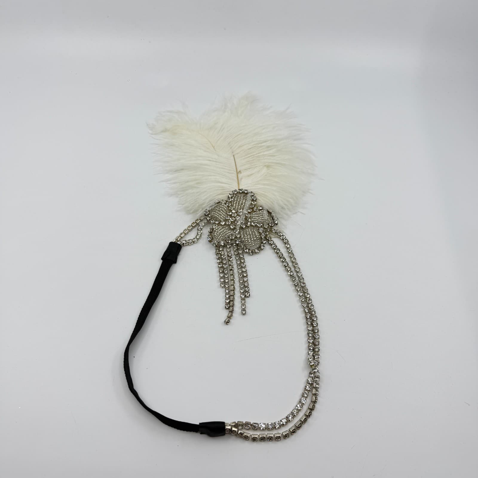 Glamorous 1920s Flapper Headband White Feather Crystal Rhinestone Gatsby Style - Thumbnail 8