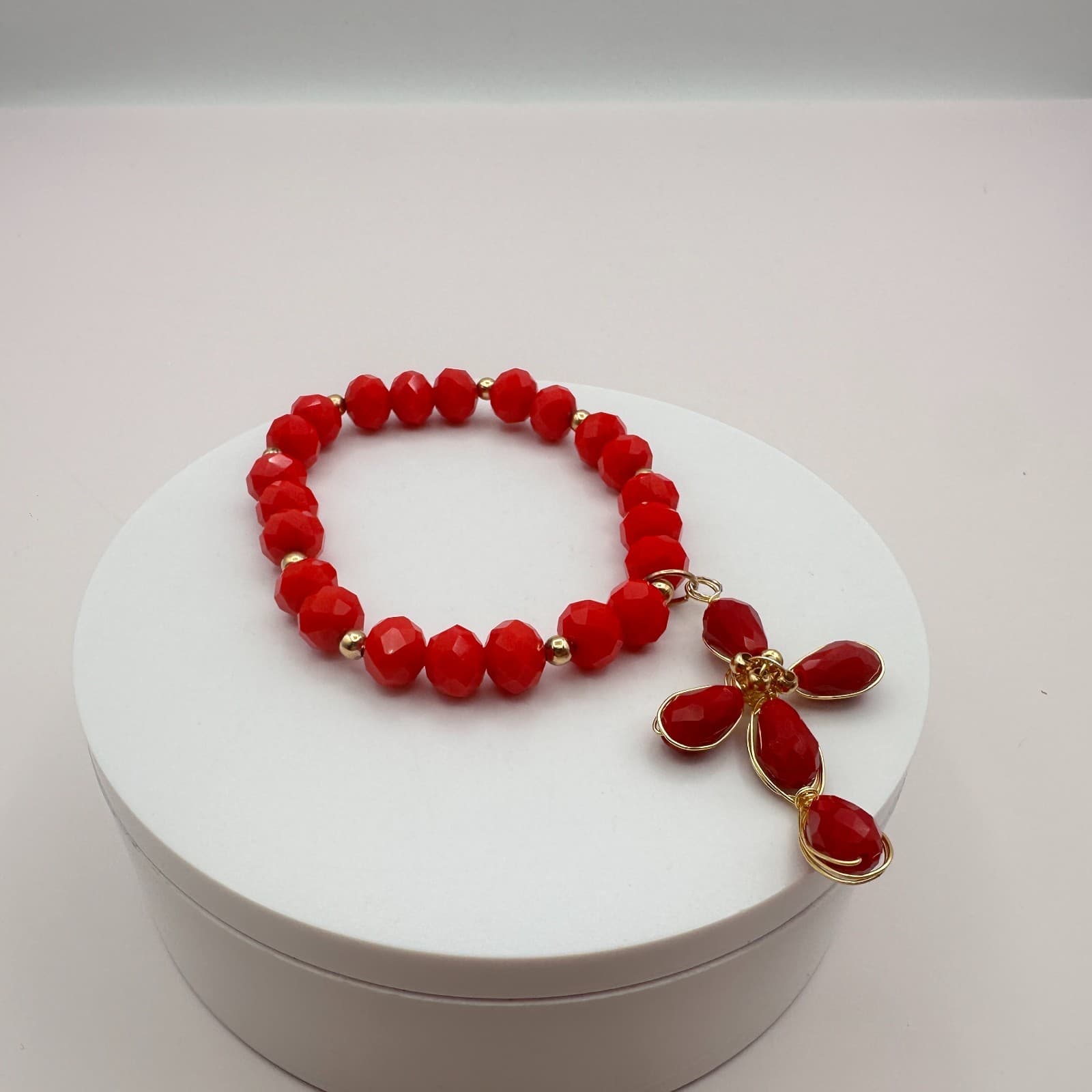 Vintage Y2K Gold Tone Red Beaded Cross Charm Bracelet Religious Women's Jewelry - Thumbnail 2