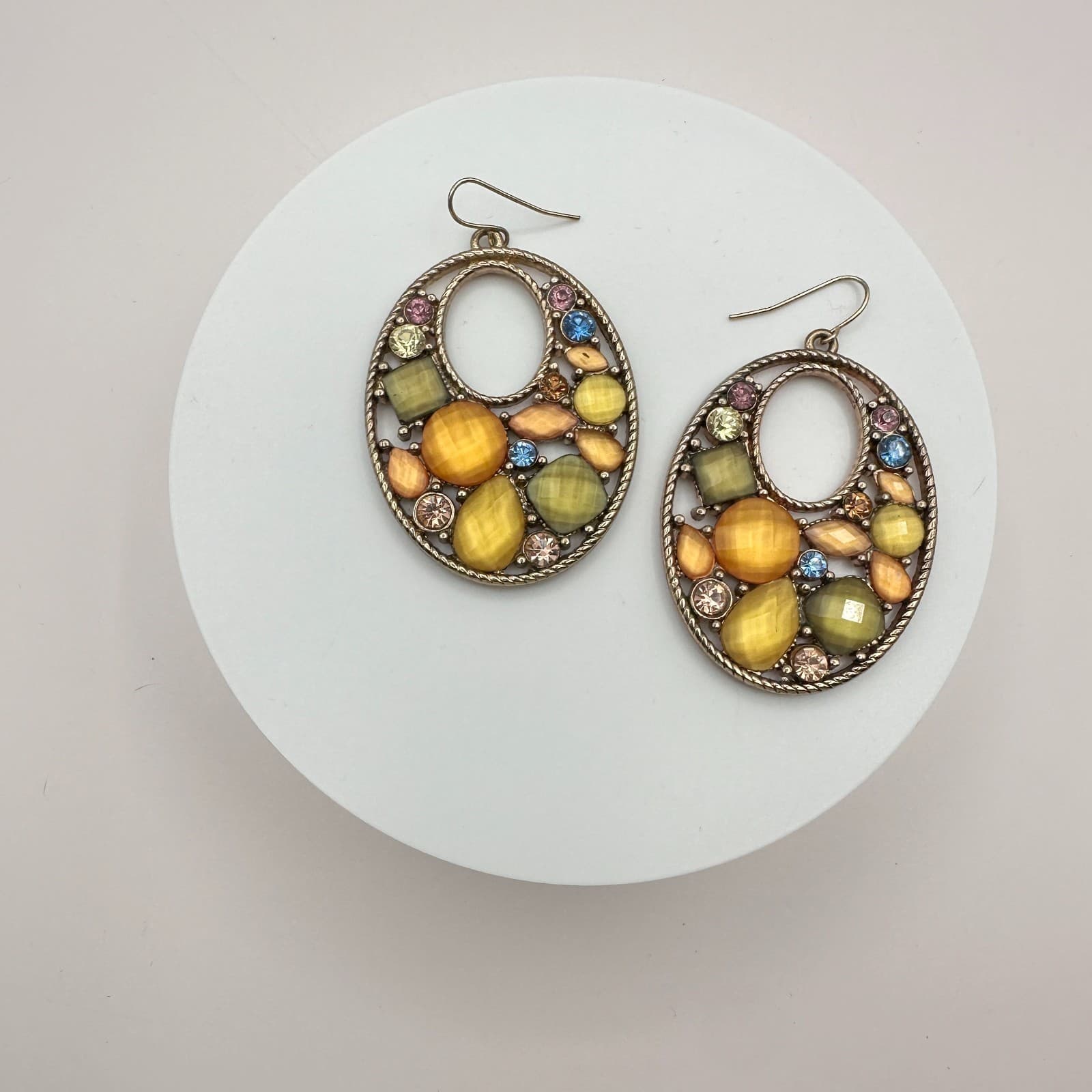 Vintage 90s Y2K Gold Tone Beaded Hoop Earrings Rhinestone Boho Statement Jewelry - Thumbnail 5