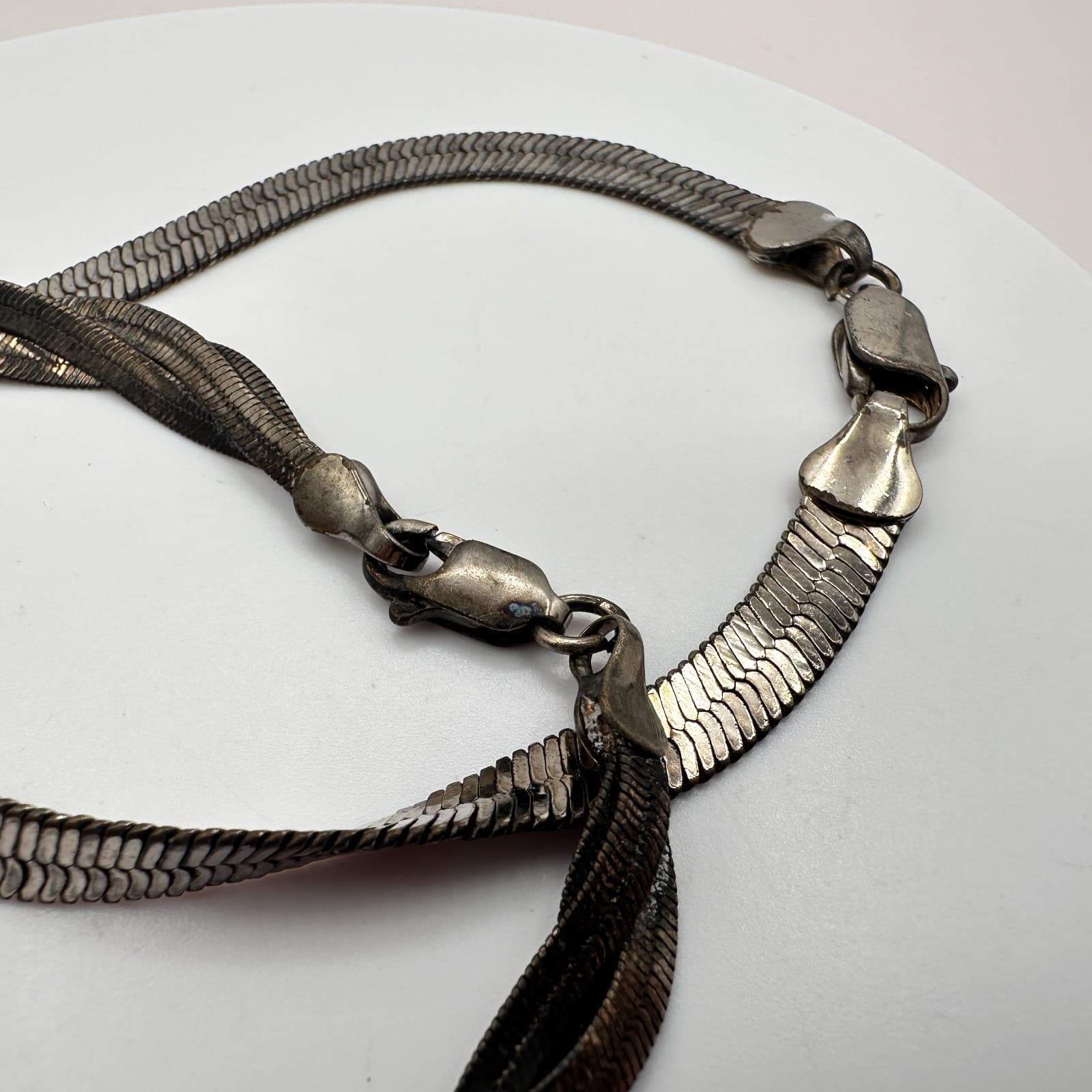 Vintage Y2K Silver Tone Herringbone Chain Bracelet Set Minimalist Retro Jewelry - Thumbnail 5