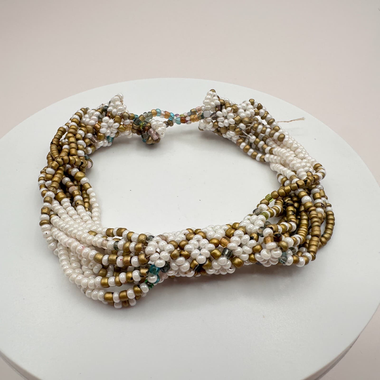 Vintage 90s Gold Tone White Gold Multi Strand Seed Beaded Bracelet Jewelry Bib - Thumbnail 3