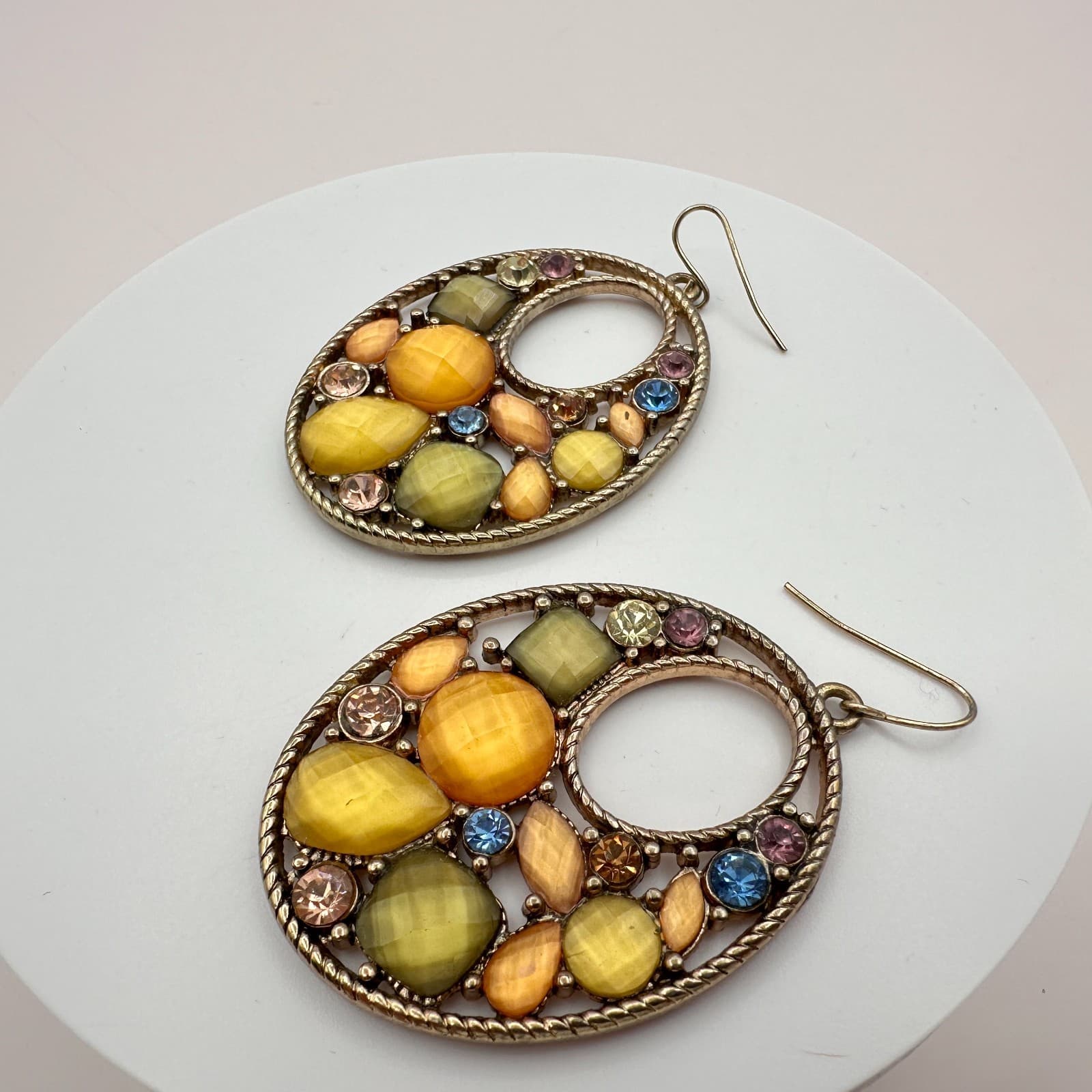 Vintage 90s Y2K Gold Tone Beaded Hoop Earrings Rhinestone Boho Statement Jewelry - Thumbnail 6