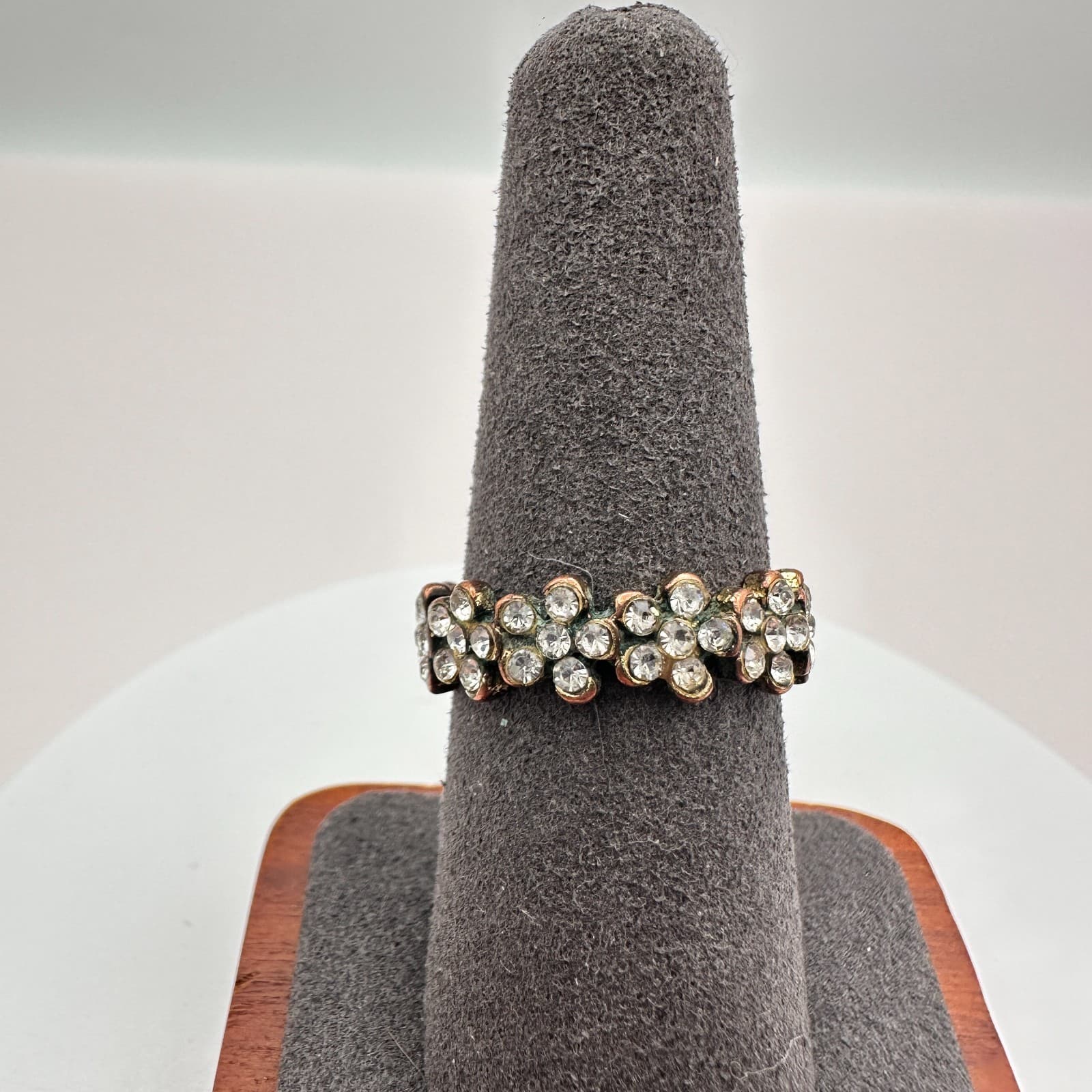 Vintage 90s Gold Tone Floral Ring Clear Rhinestone Statement Women's Jewelry Y2K