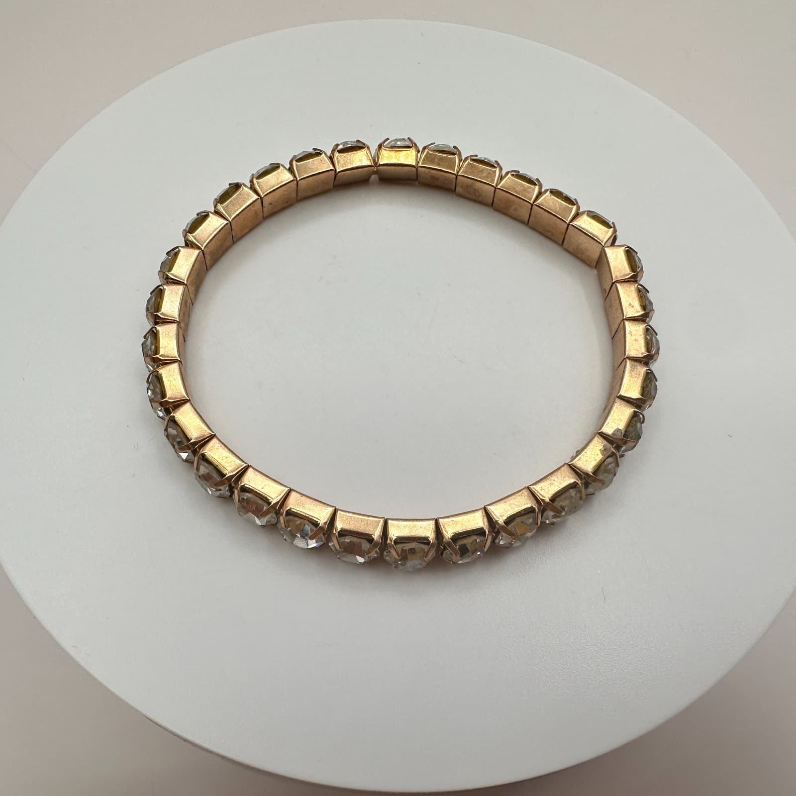Vintage 90s Gold Tone Clear Glass Stretch Tennis Bracelet Glam Fashion Jewelry - Thumbnail 6