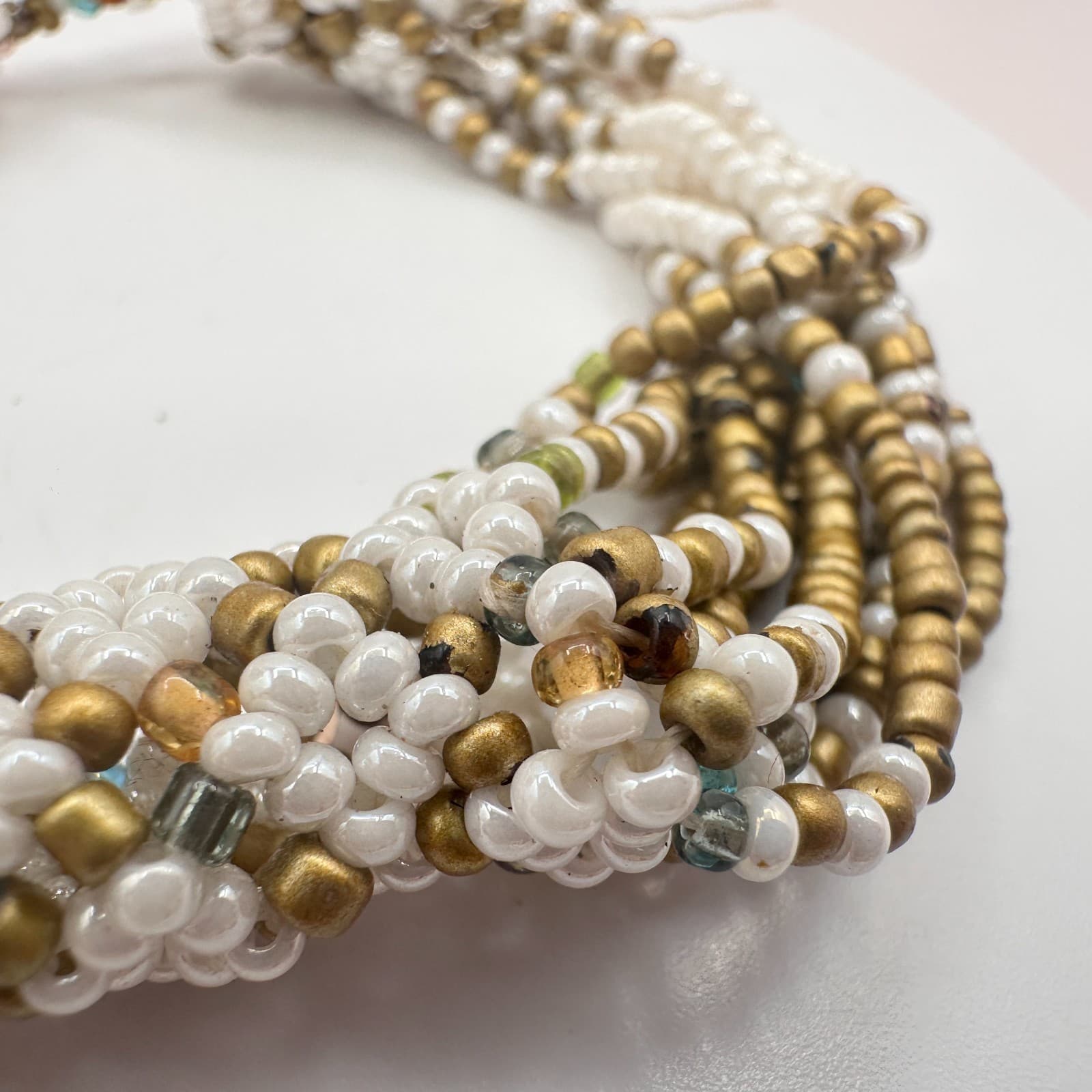 Vintage 90s Gold Tone White Gold Multi Strand Seed Beaded Bracelet Jewelry Bib - Thumbnail 5
