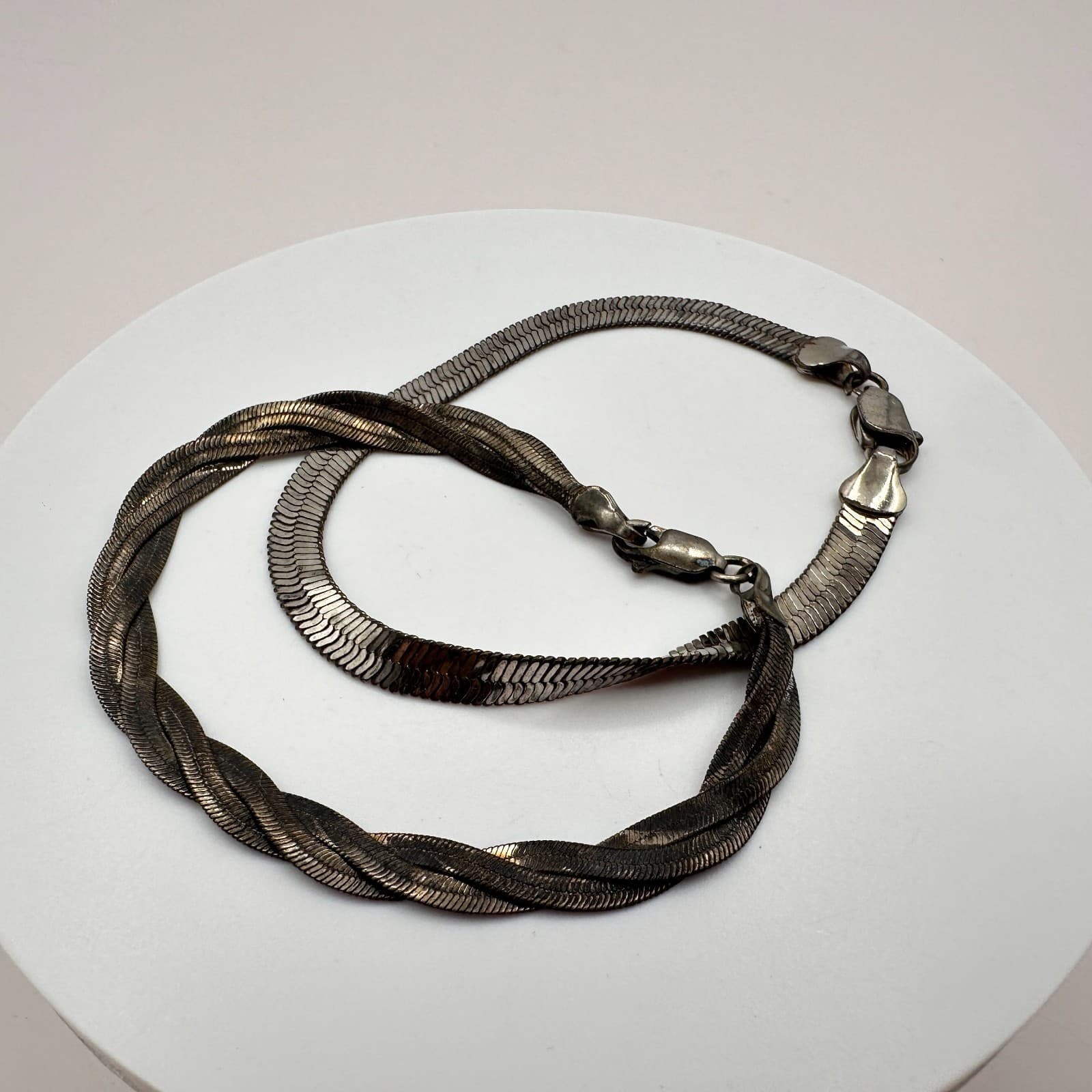 Vintage Y2K Silver Tone Herringbone Chain Bracelet Set Minimalist Retro Jewelry - Thumbnail 2